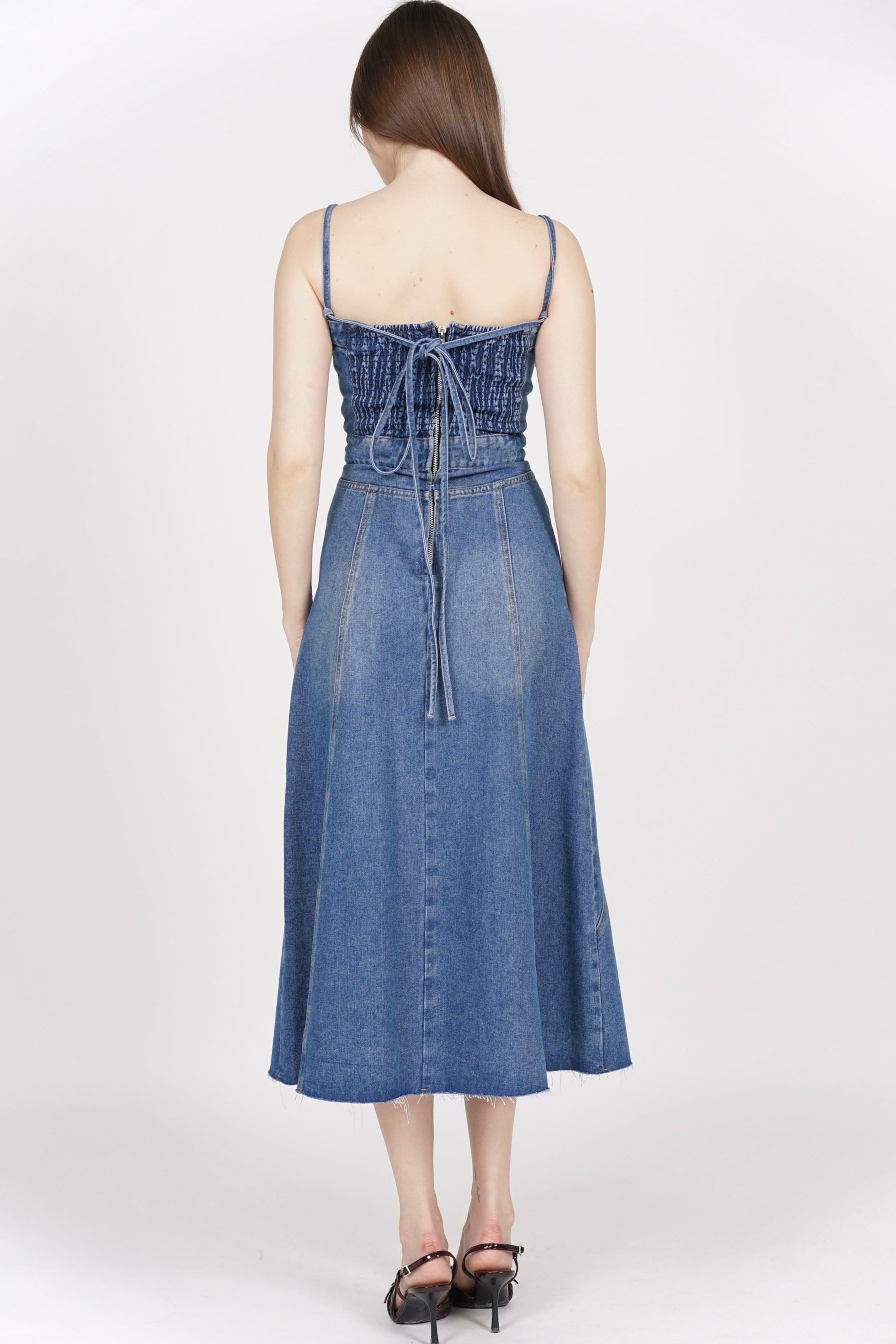 2-Way Panel Midi Denim Dress in Blue