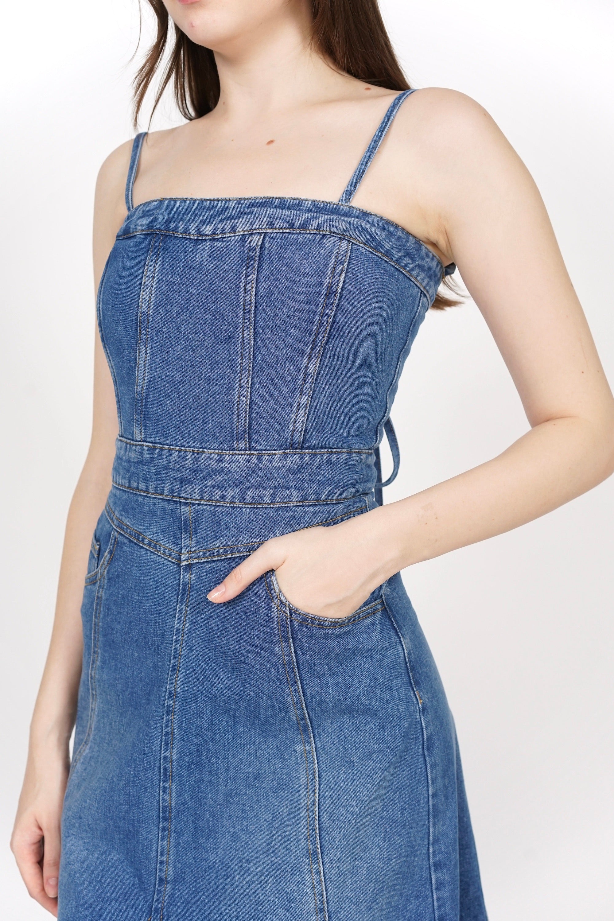 2-Way Panel Midi Denim Dress in Blue