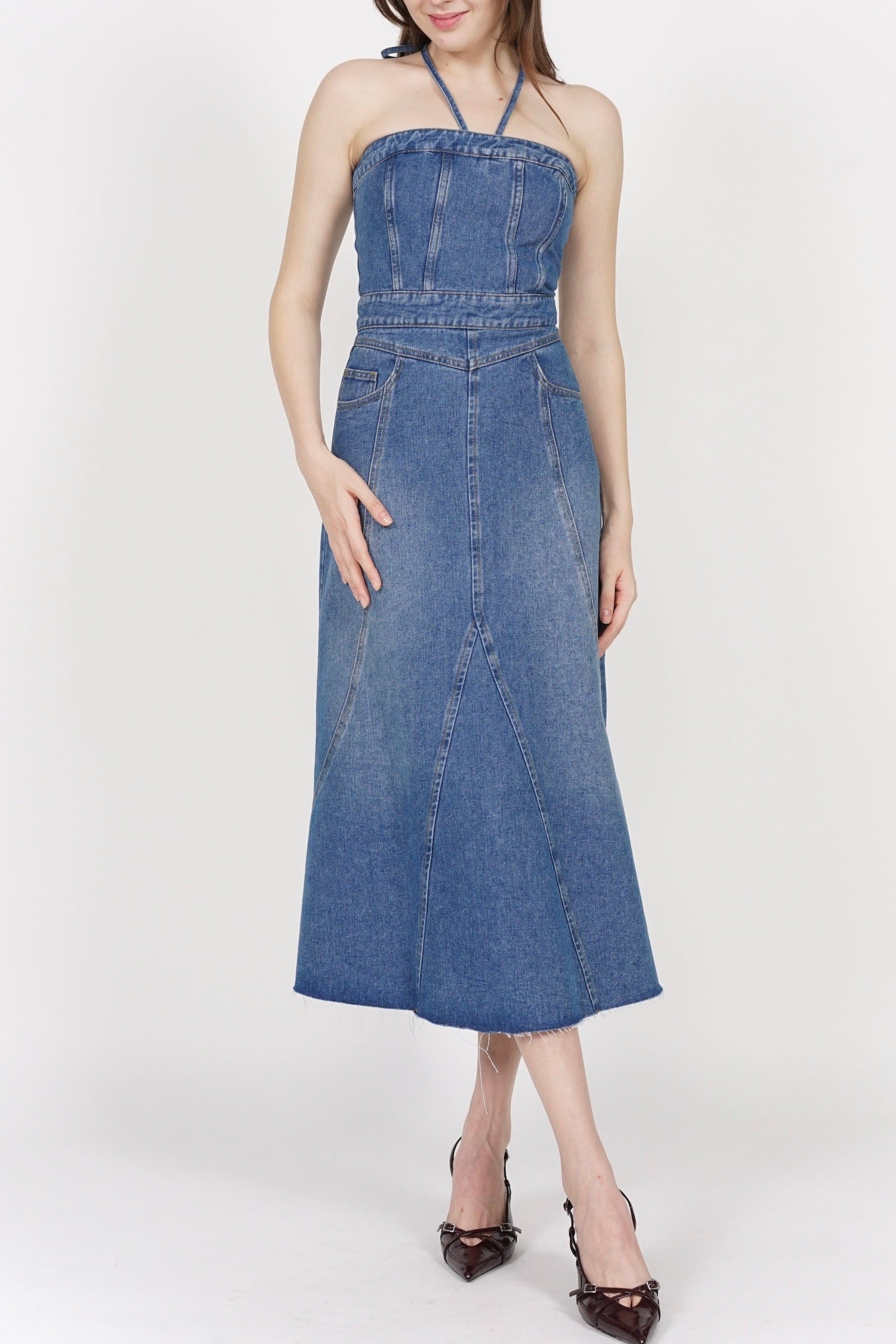 2-Way Panel Midi Denim Dress in Blue