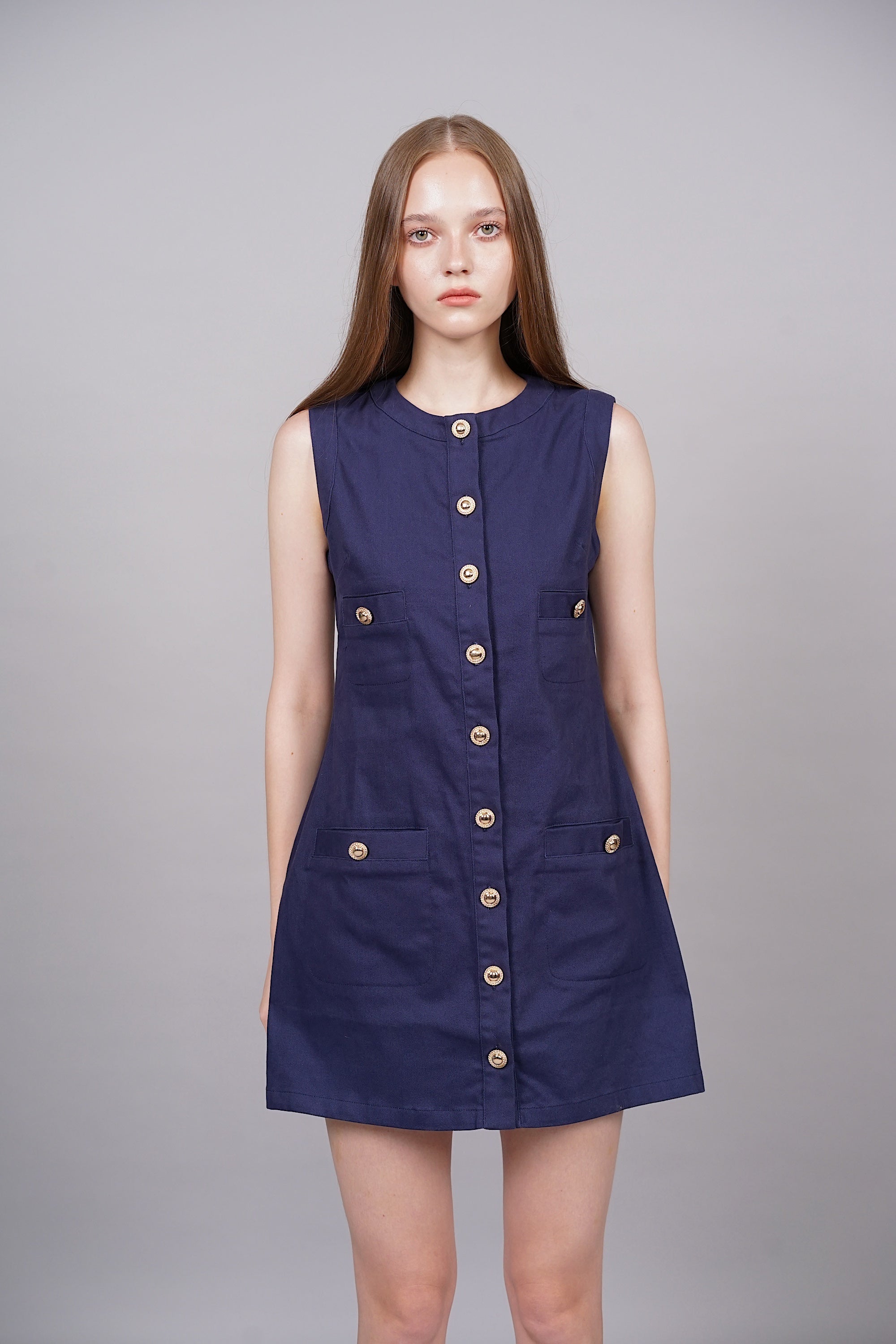 Buttoned Utility Denim Shift Dress in Navy