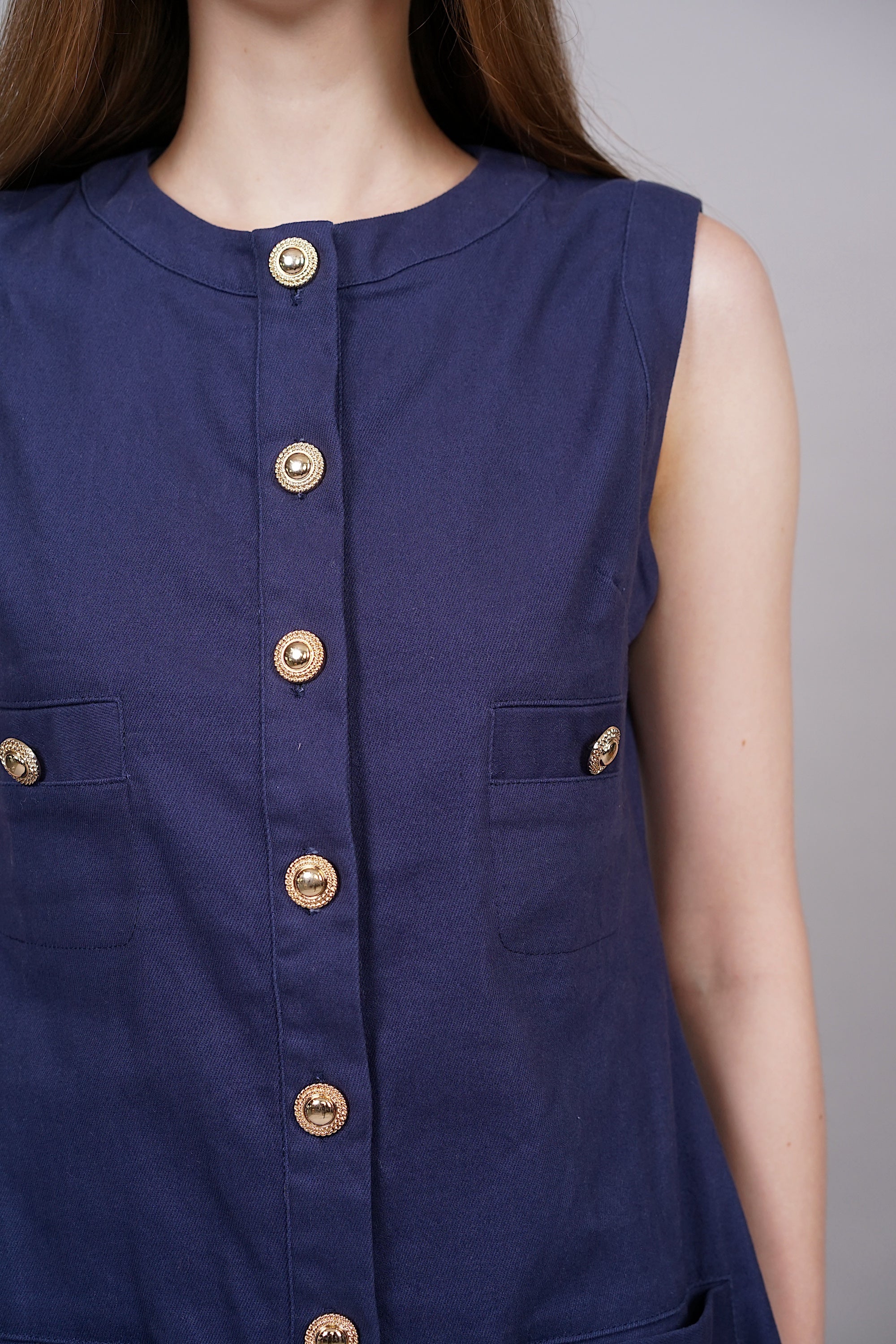 Buttoned Utility Denim Shift Dress in Navy