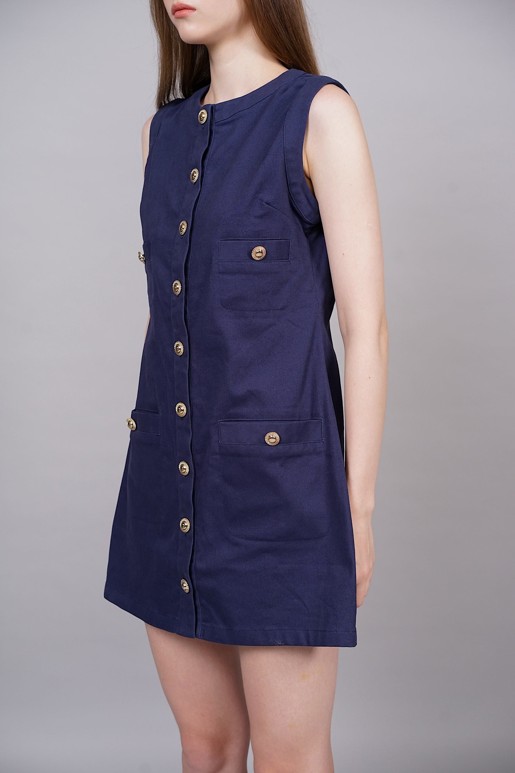 Buttoned Utility Denim Shift Dress in Navy