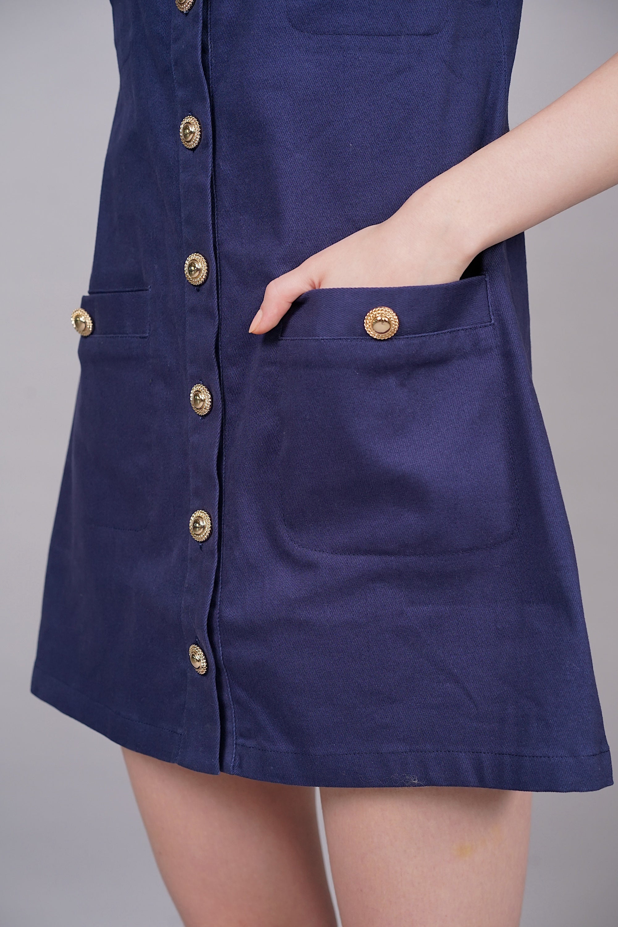 Buttoned Utility Denim Shift Dress in Navy