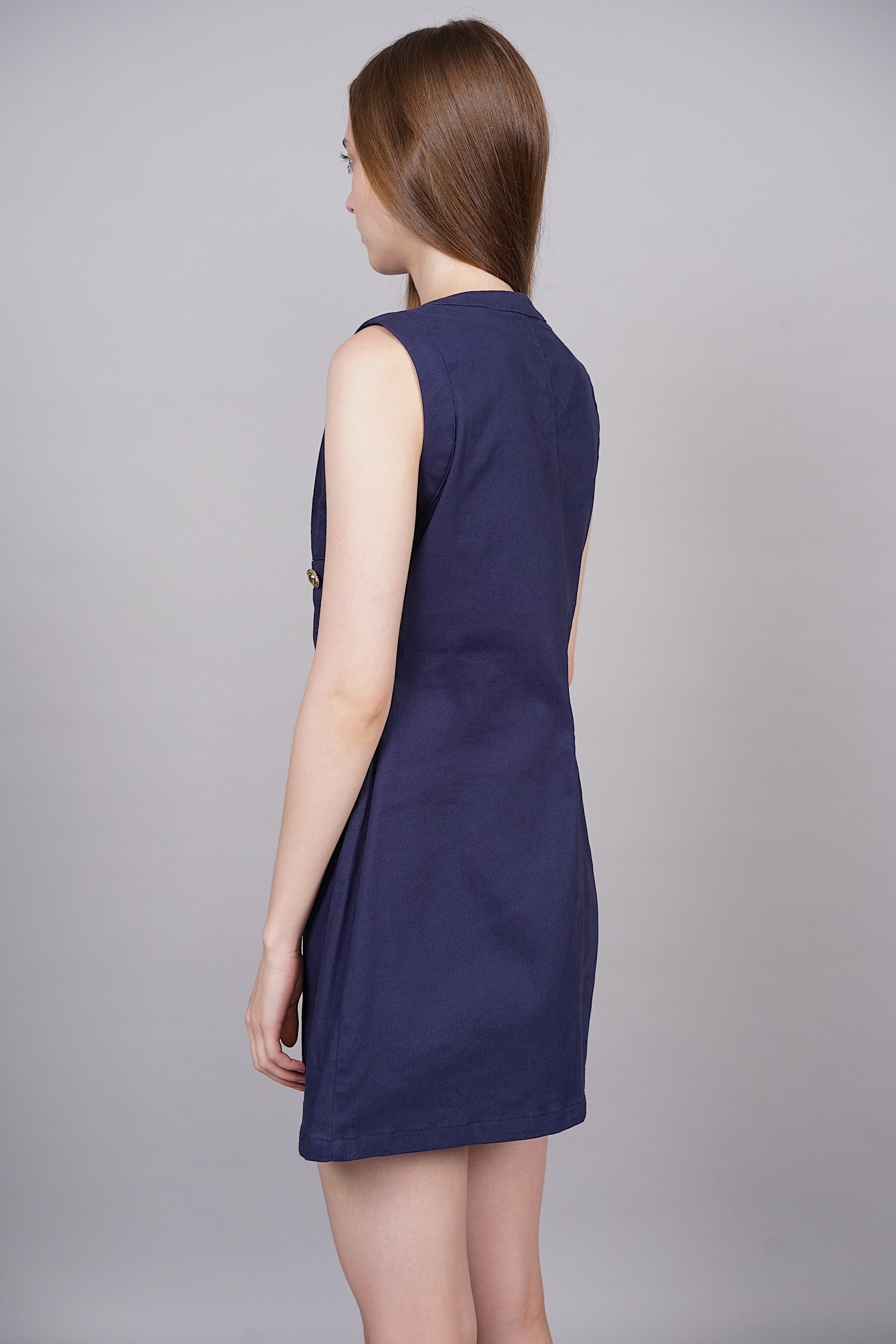 Buttoned Utility Denim Shift Dress in Navy
