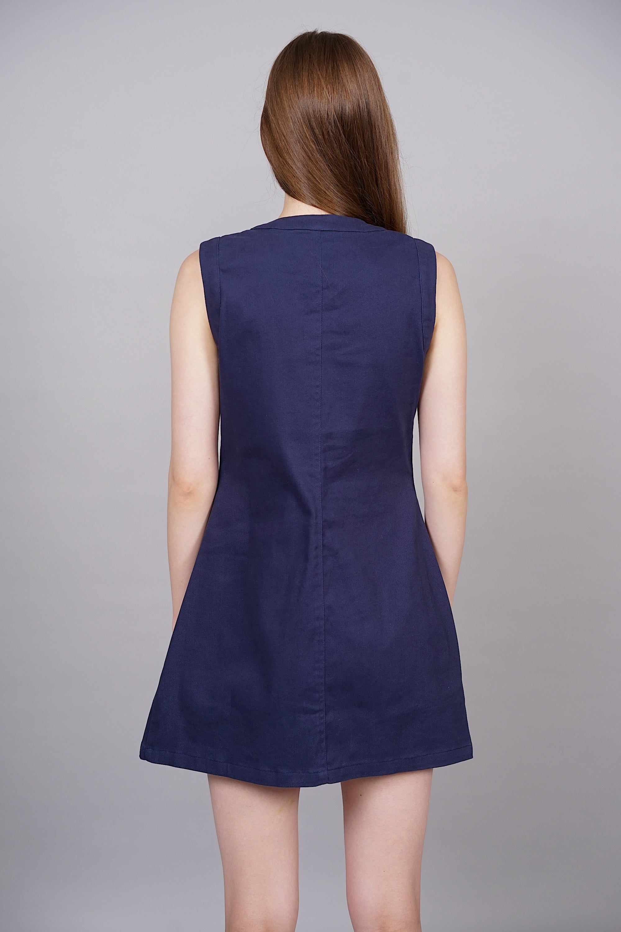 Buttoned Utility Denim Shift Dress in Navy