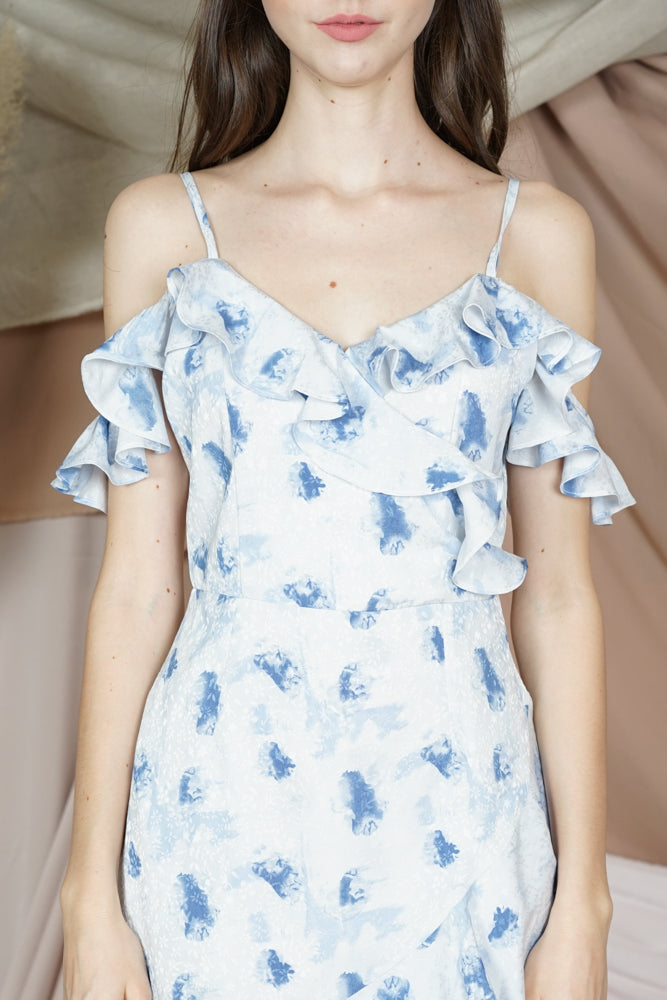 Brenie Ruffled Dress in Blue Abstract