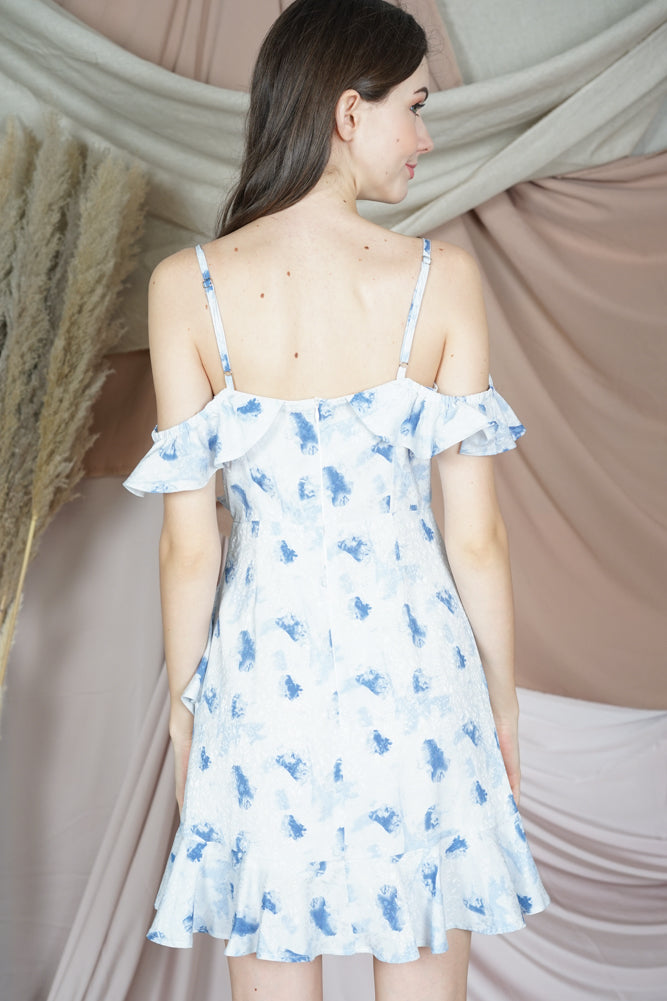 Brenie Ruffled Dress in Blue Abstract