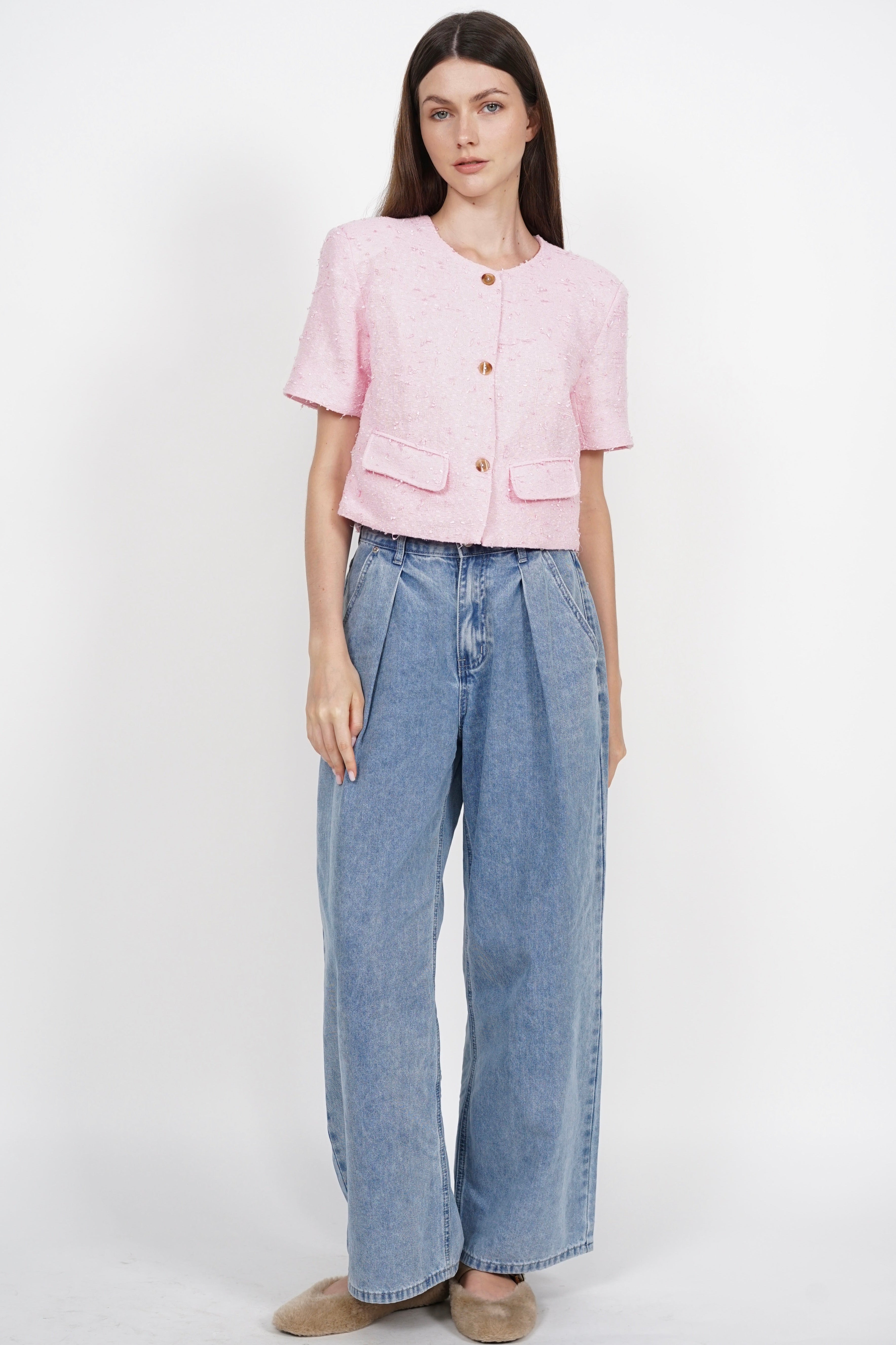 Short Sleeve Tweed Button Top in Pink