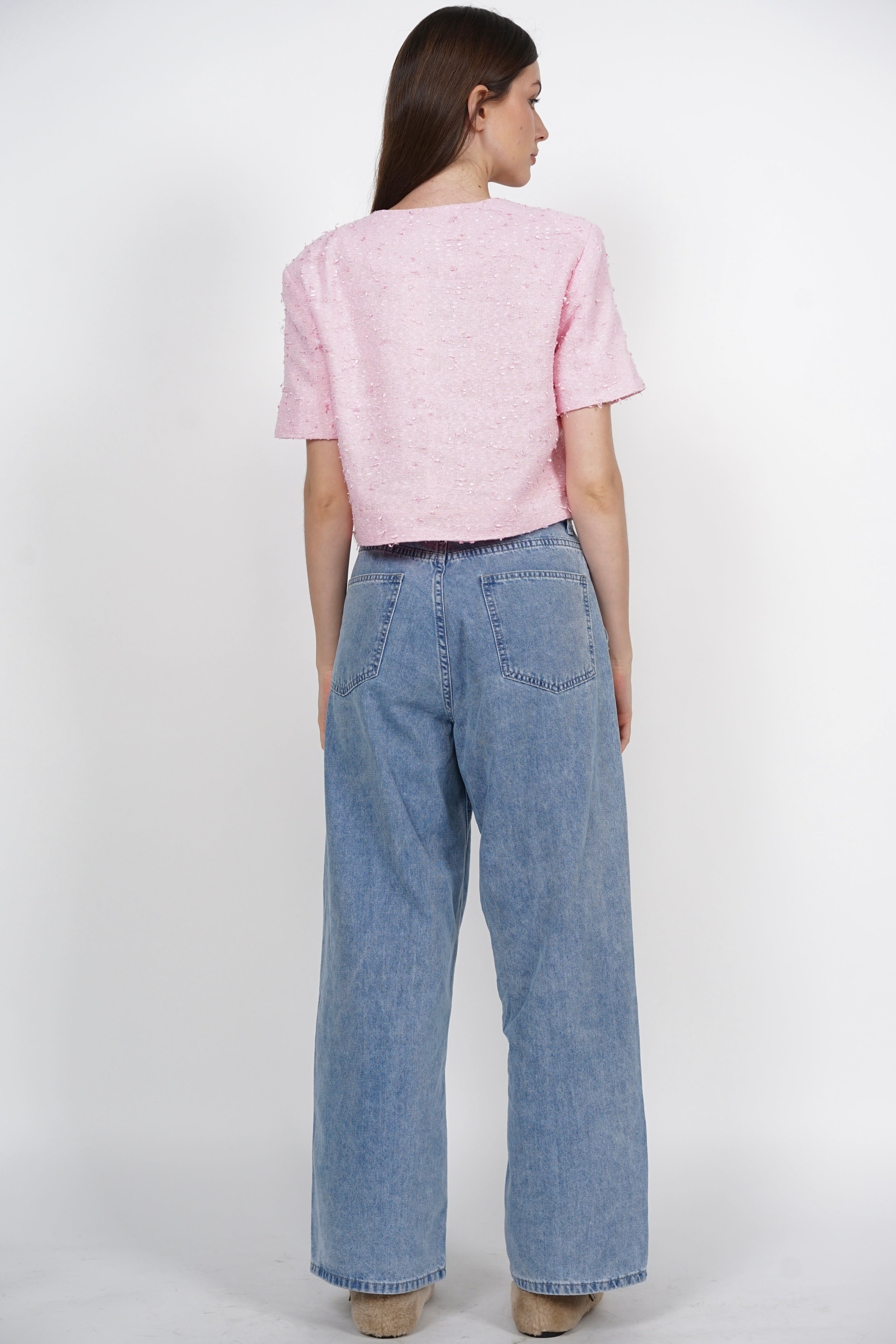 Short Sleeve Tweed Button Top in Pink