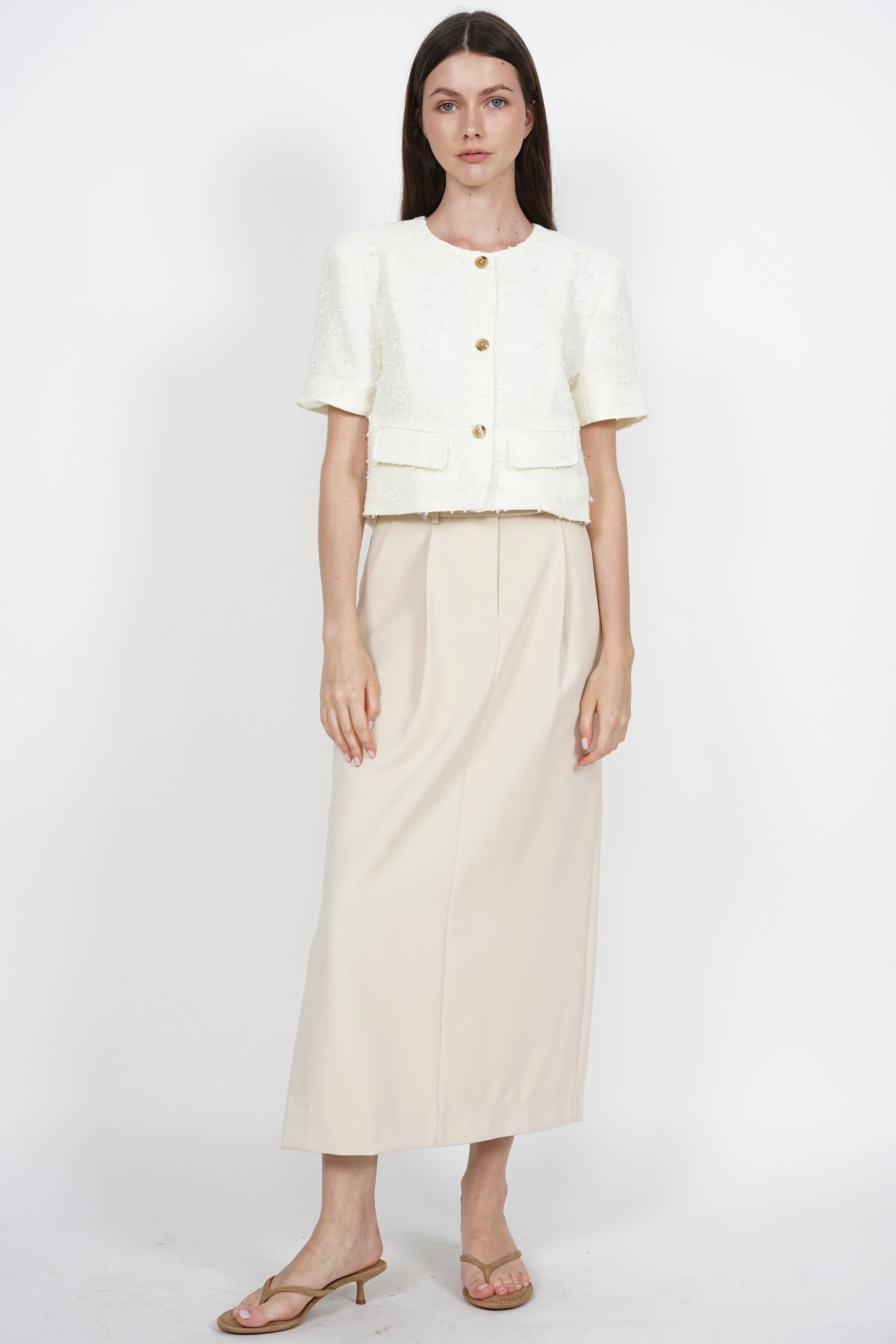 Short Sleeve Tweed Button Top in Cream