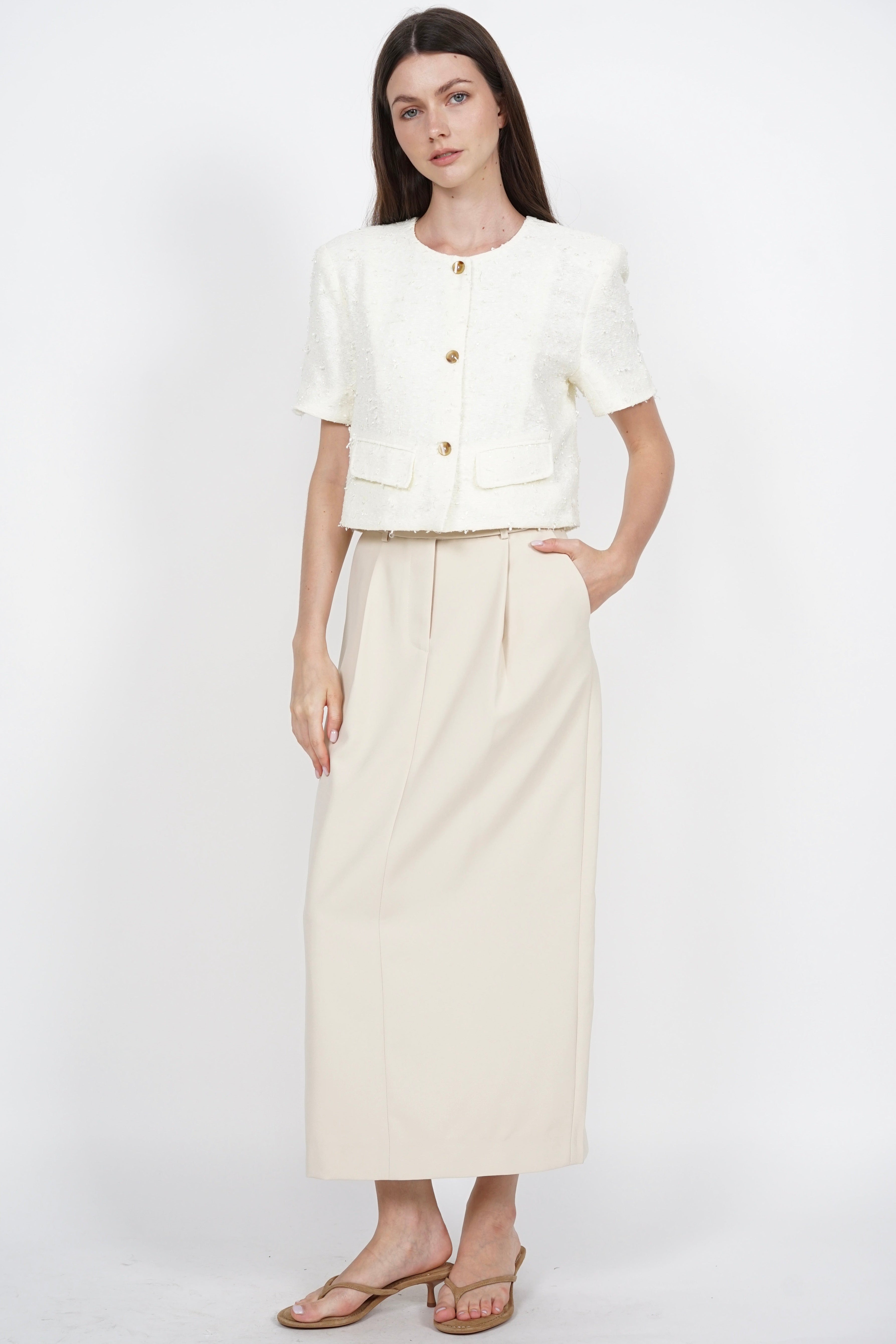Side Slit Column Skirt in Beige