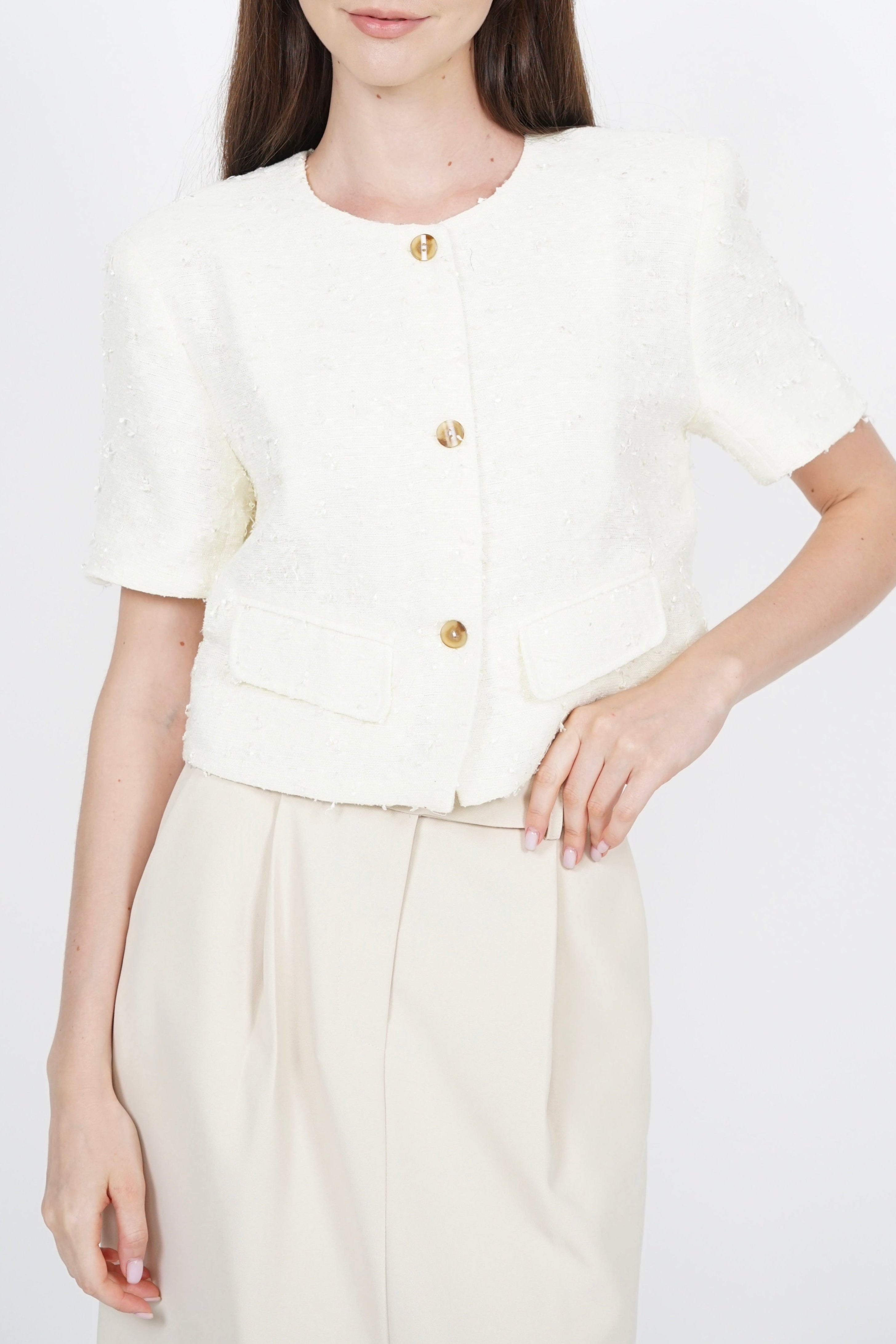 Short Sleeve Tweed Button Top in Cream