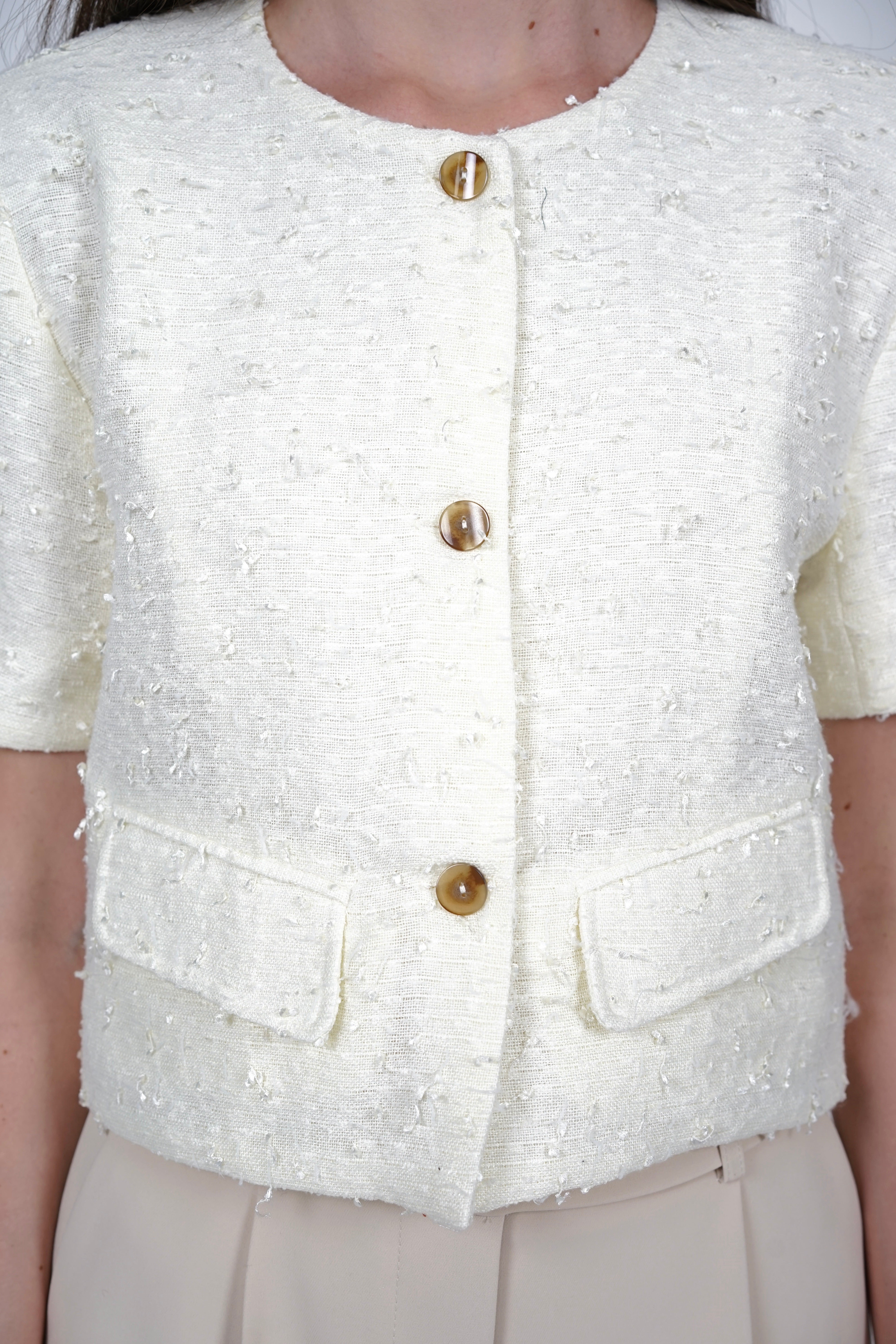 Short Sleeve Tweed Button Top in Cream