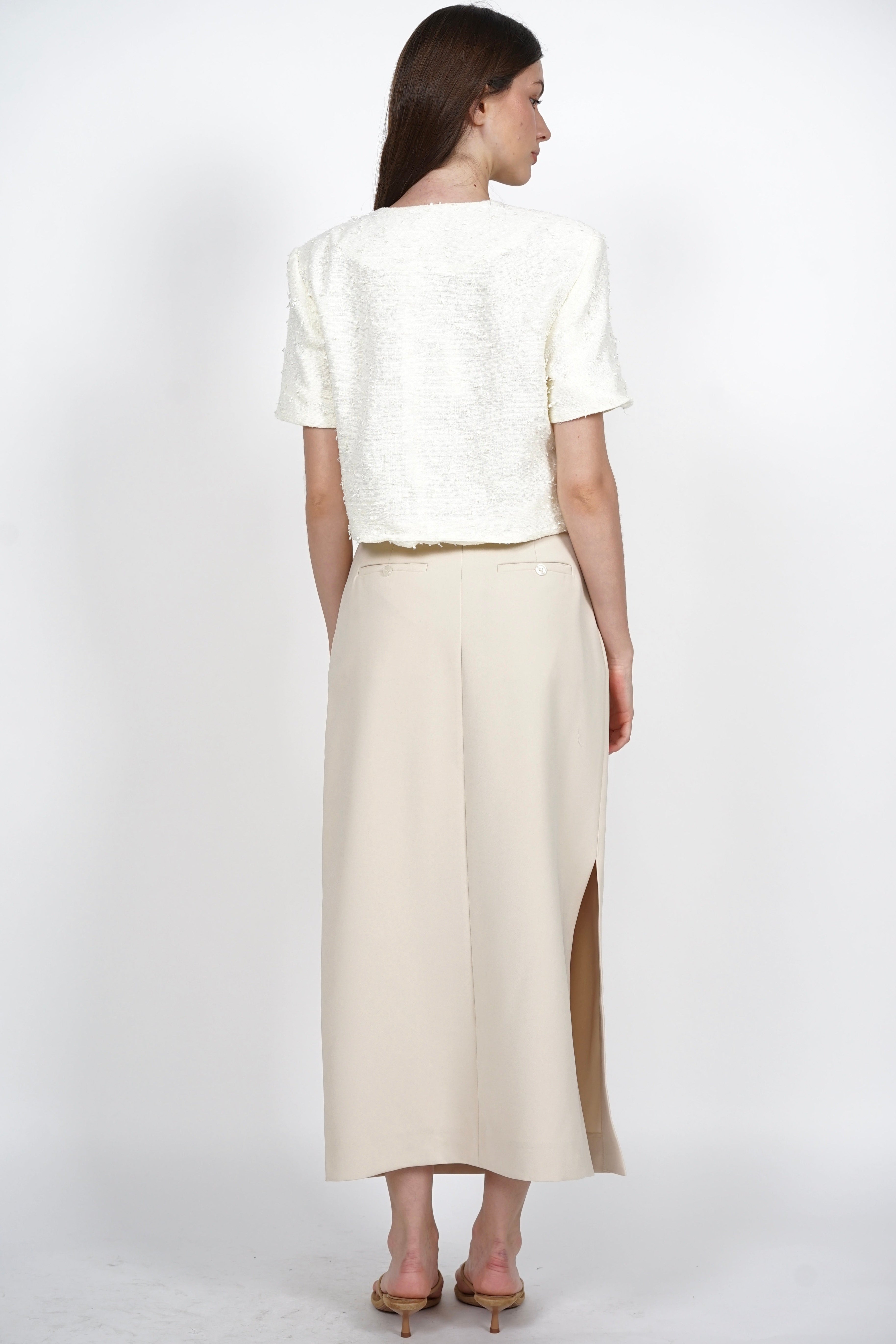 Short Sleeve Tweed Button Top in Cream
