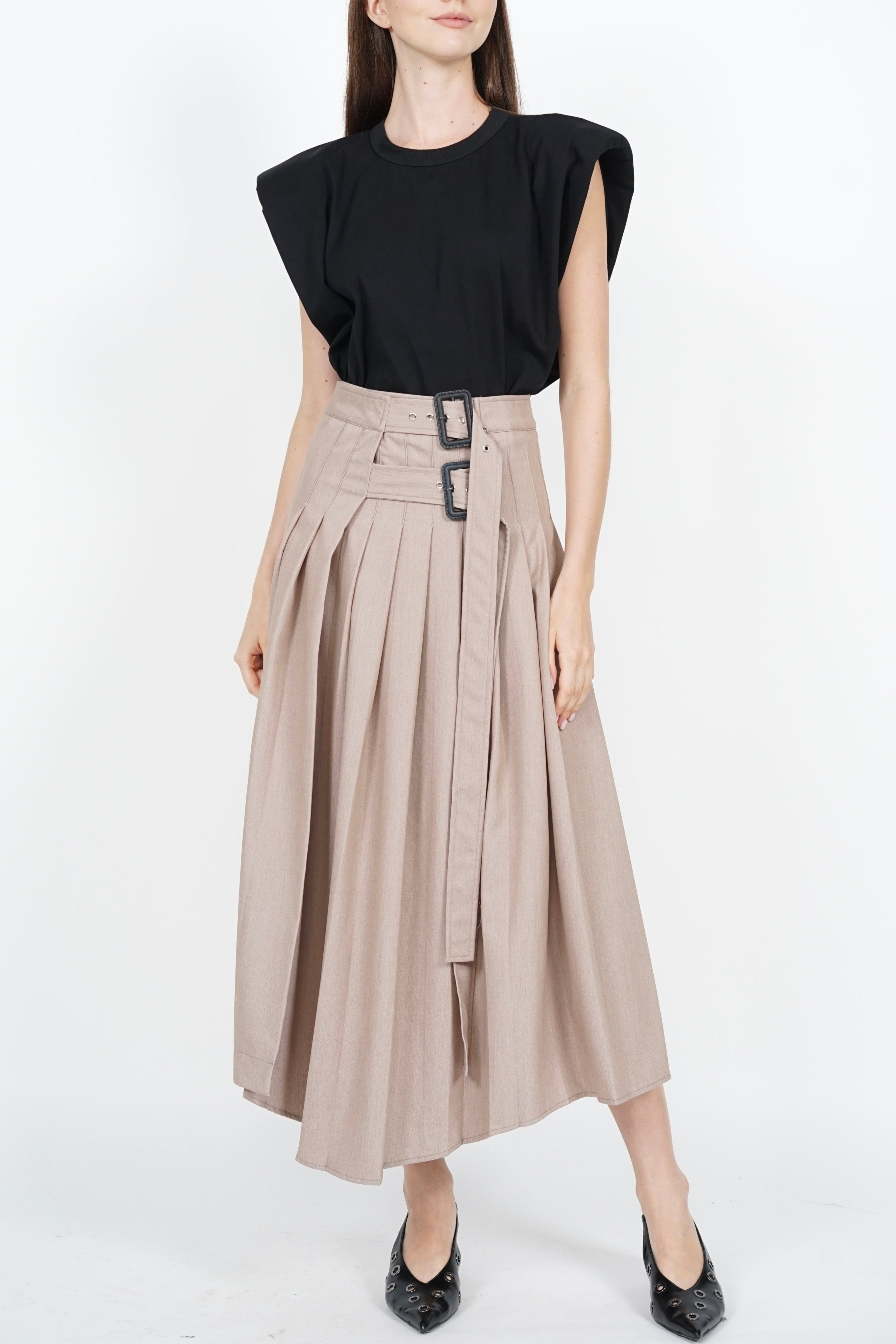 Pleated Buckle Midi Skirt in Khaki