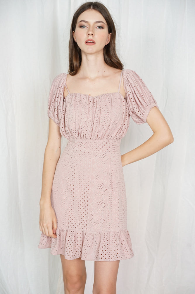 Tayler Ruched Eyelet Dress in Pink