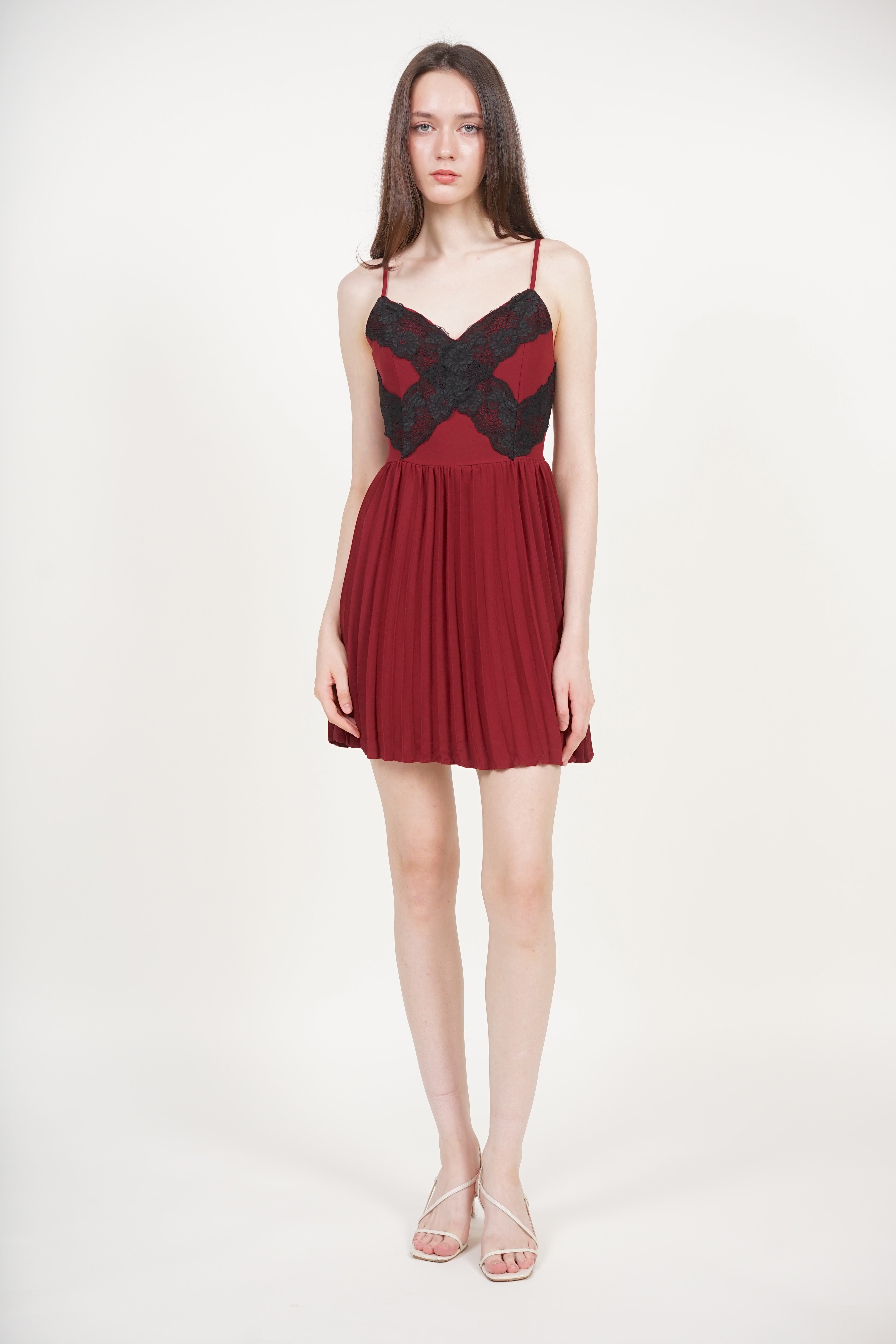 Cami Lace Pleated Romper in Burgundy