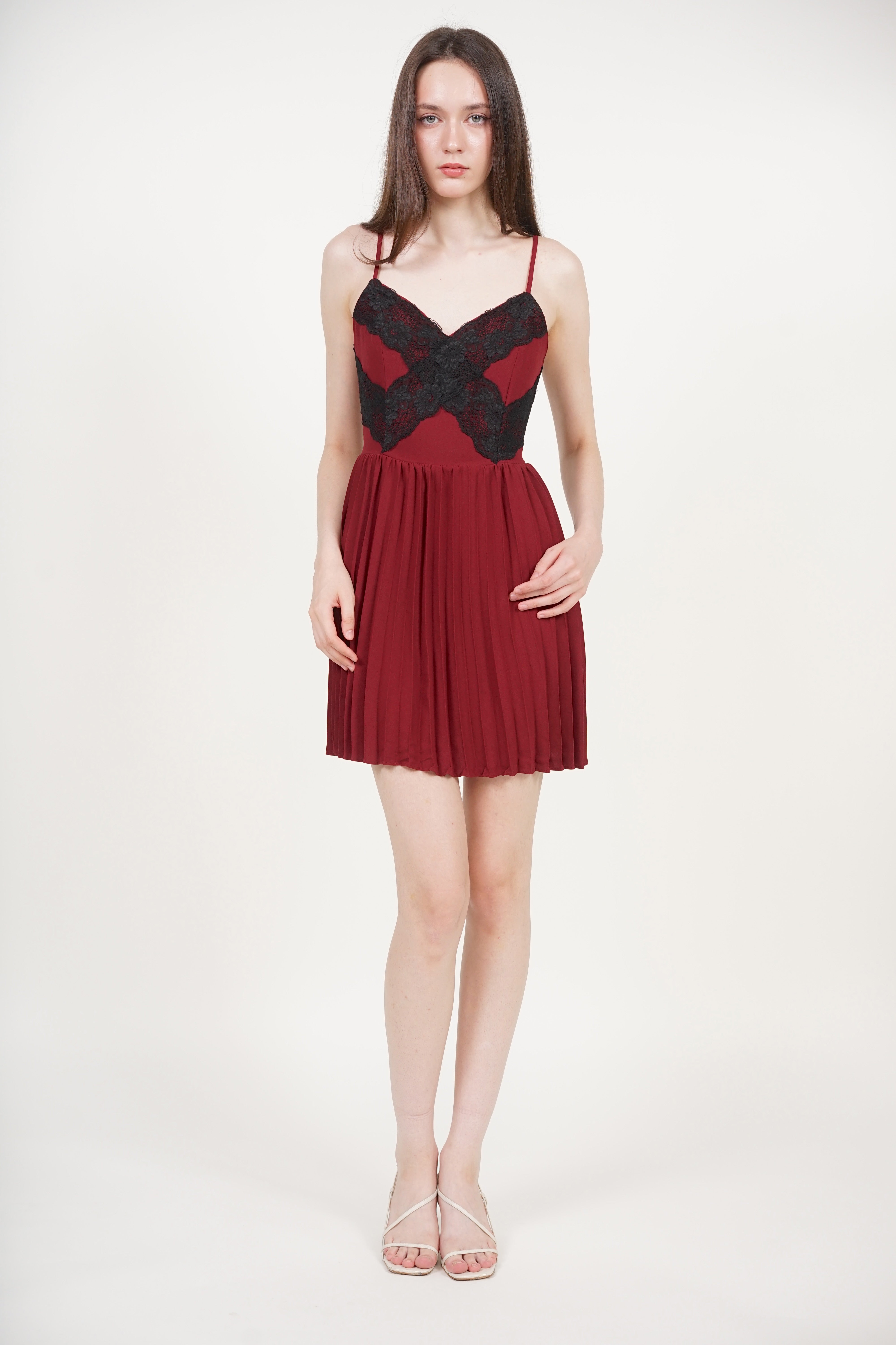 Cami Lace Pleated Romper in Burgundy