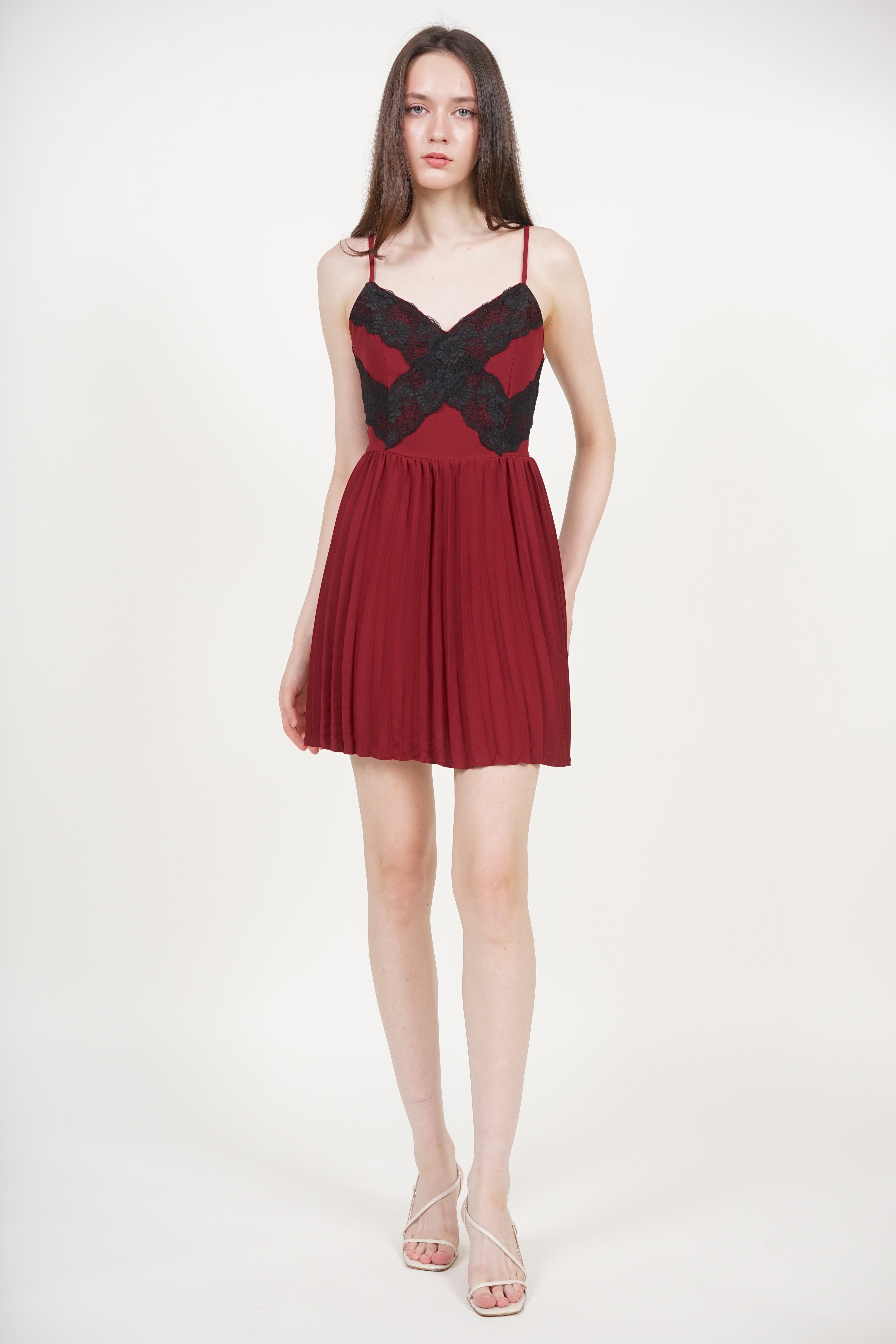 Cami Lace Pleated Romper in Burgundy