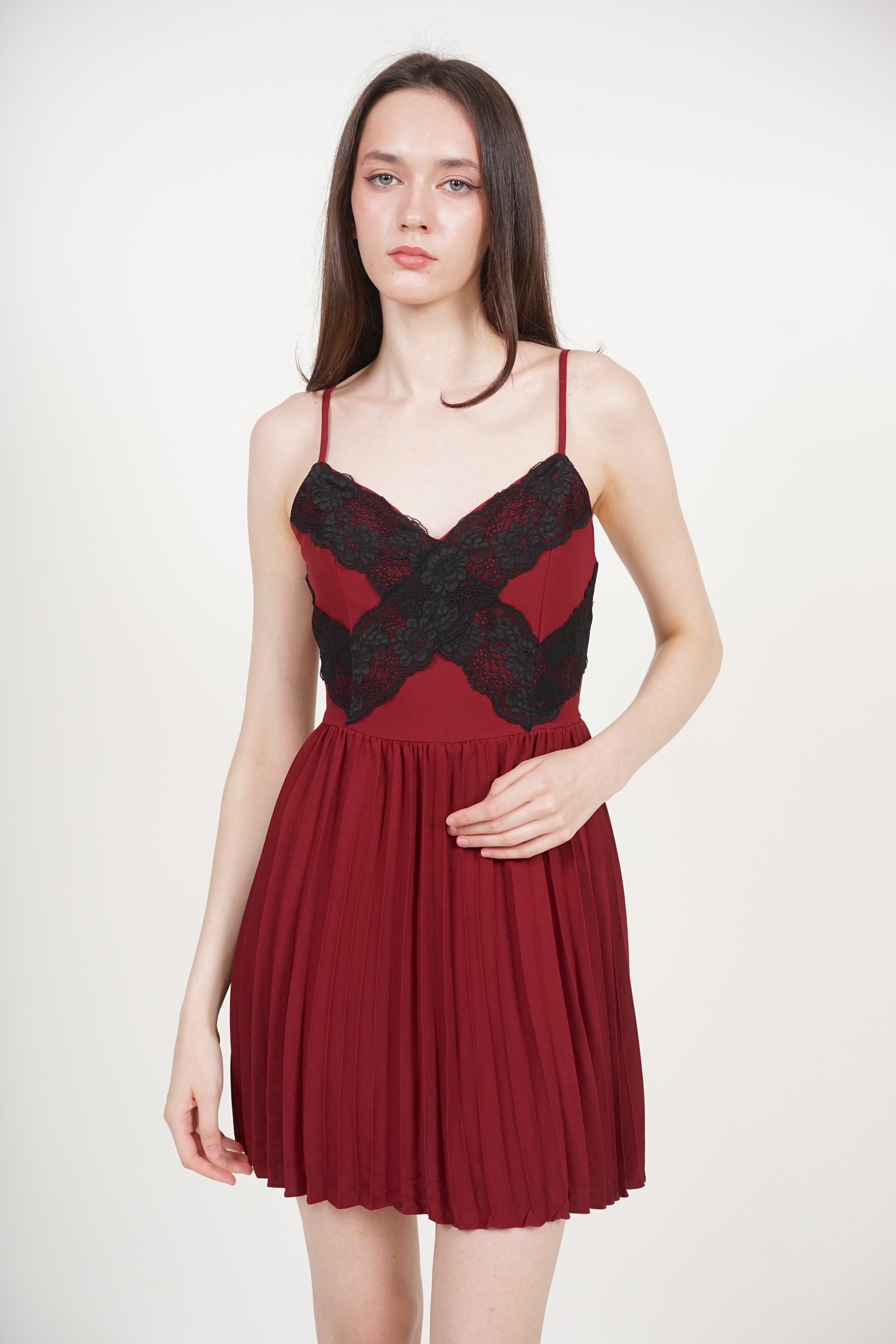 Cami Lace Pleated Romper in Burgundy