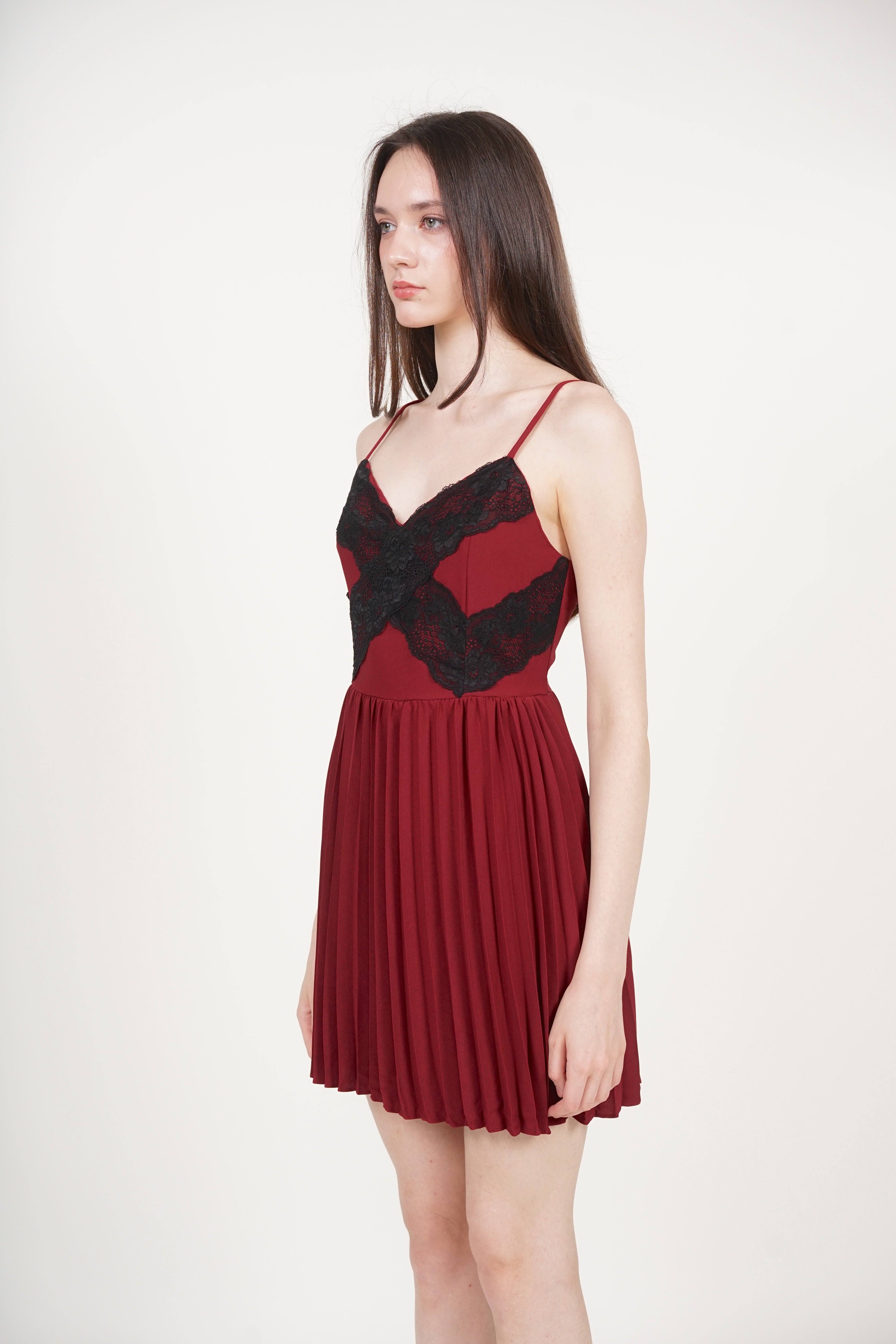 Cami Lace Pleated Romper in Burgundy