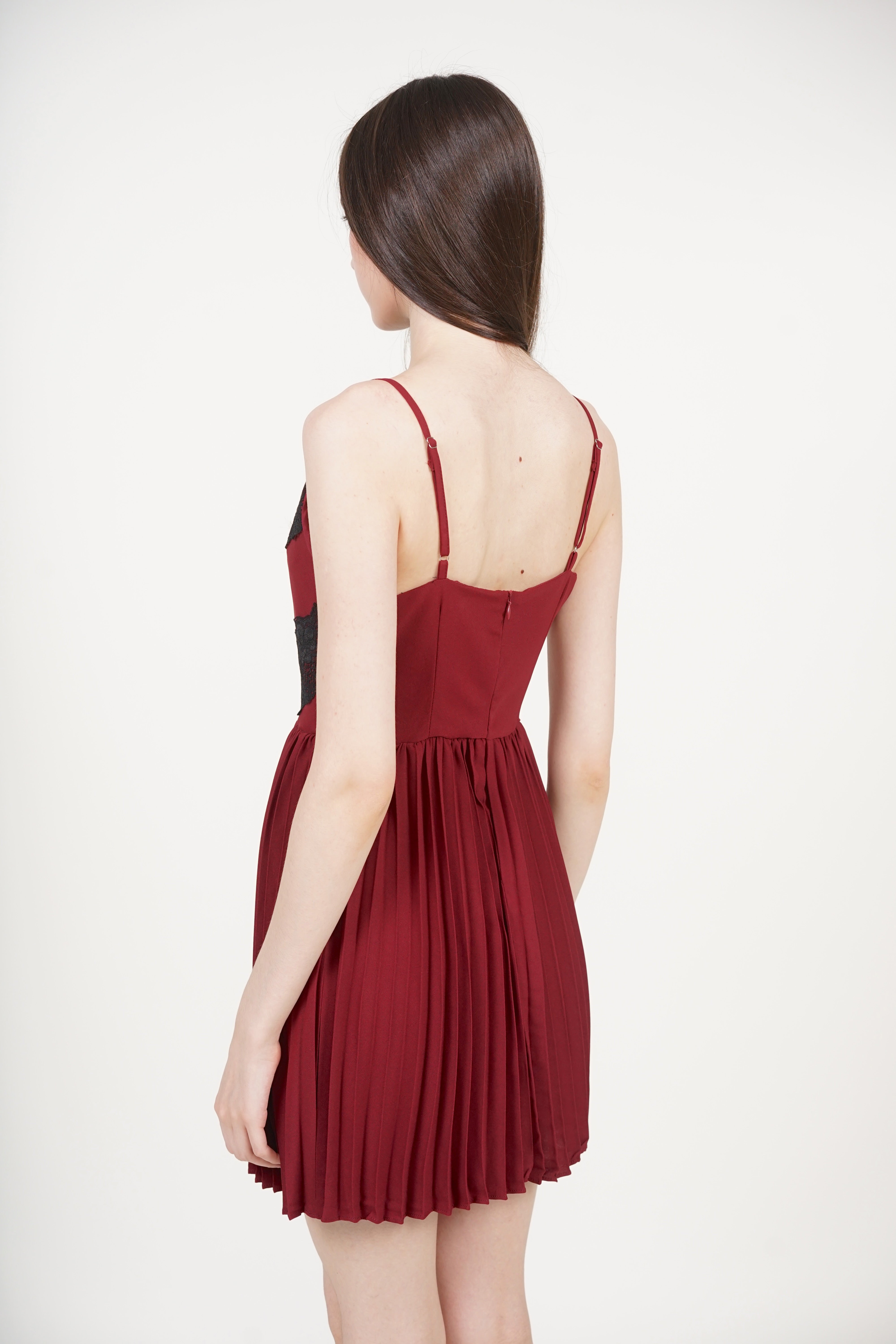 Cami Lace Pleated Romper in Burgundy