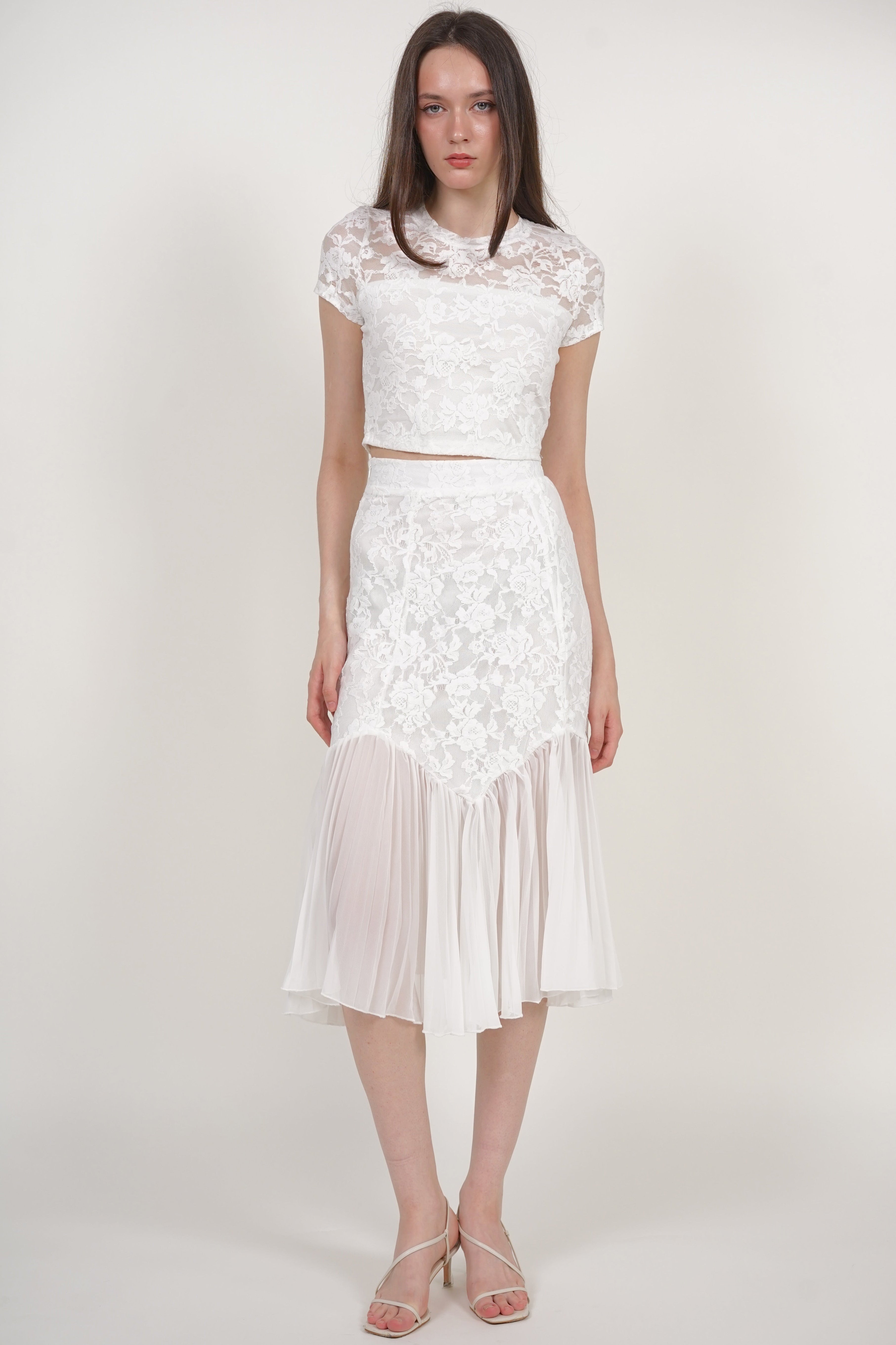 Flowy Pleated Skirt in White Lace