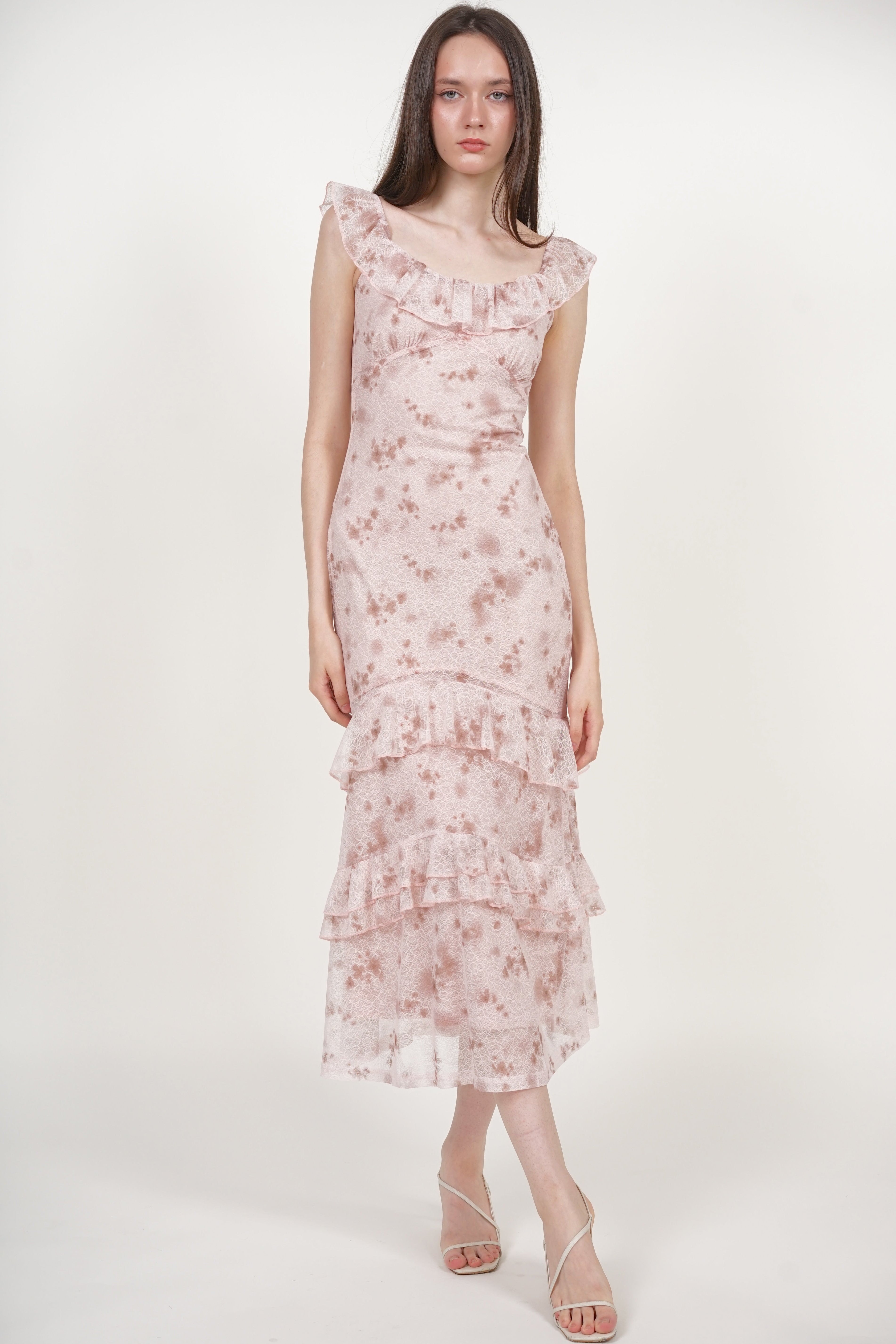 Ruffled Midi Dress in Nude Floral Lace