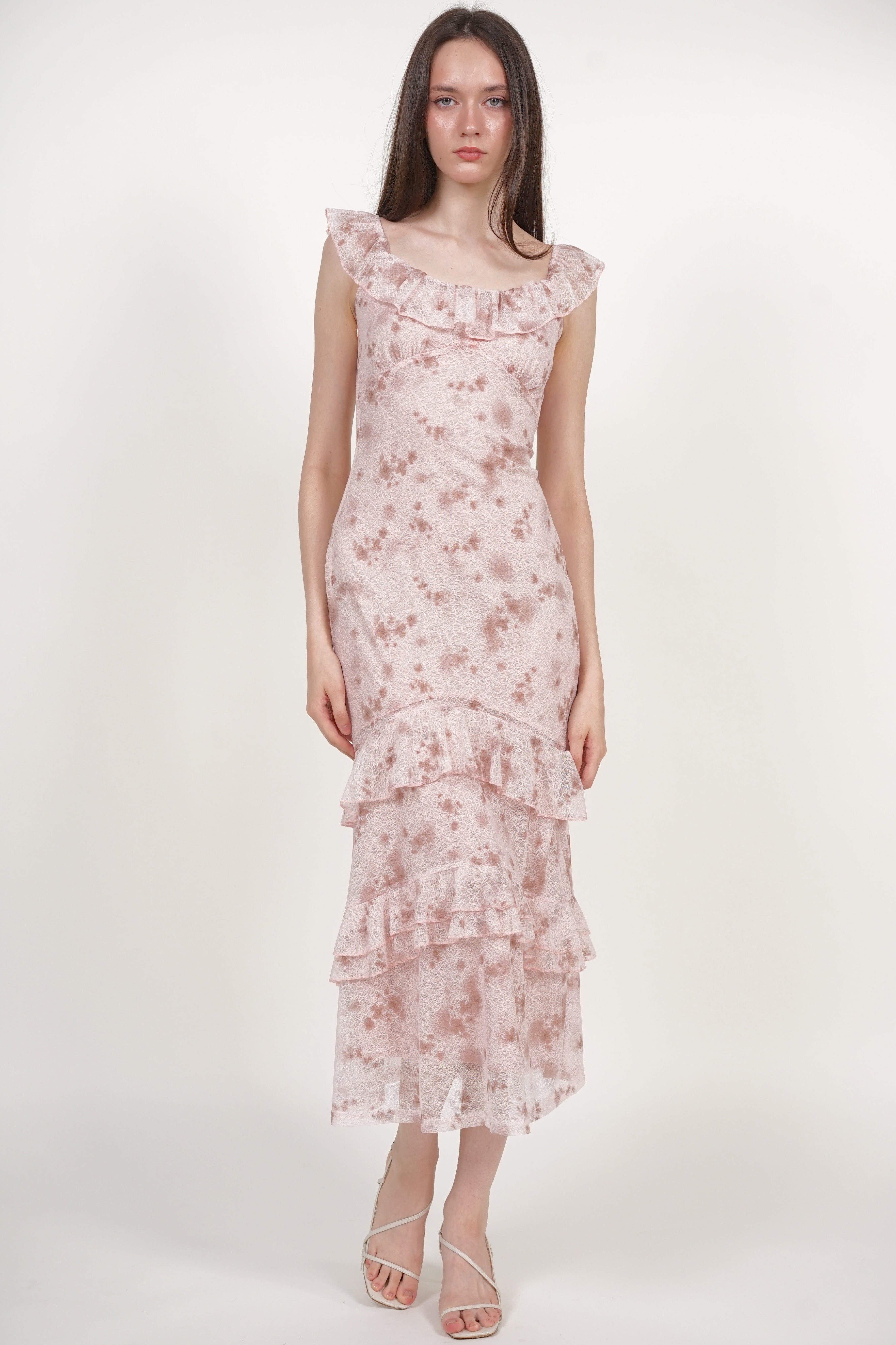 Ruffled Midi Dress in Nude Floral Lace