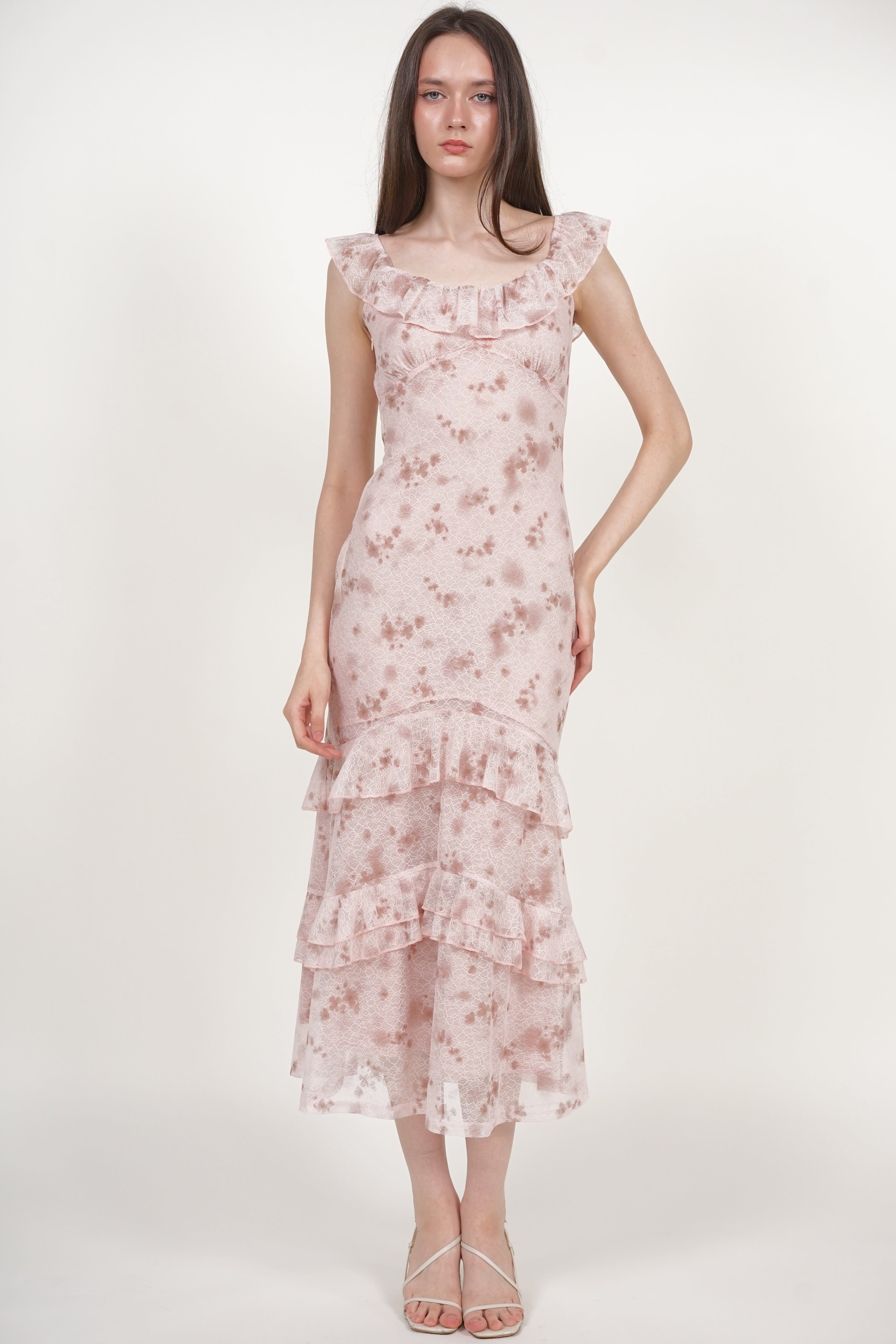 Ruffled Midi Dress in Nude Floral Lace