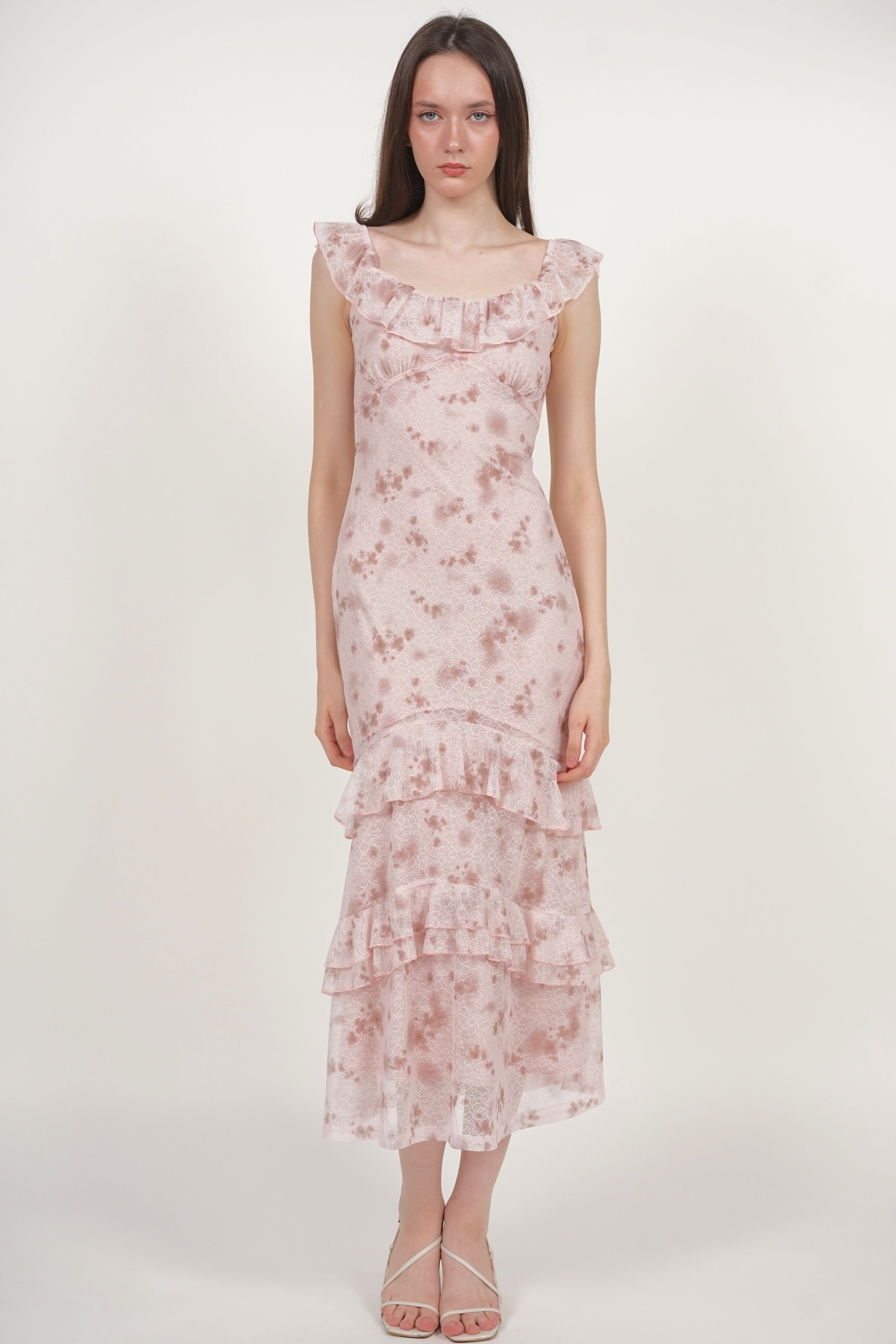Ruffled Midi Dress in Nude Floral Lace