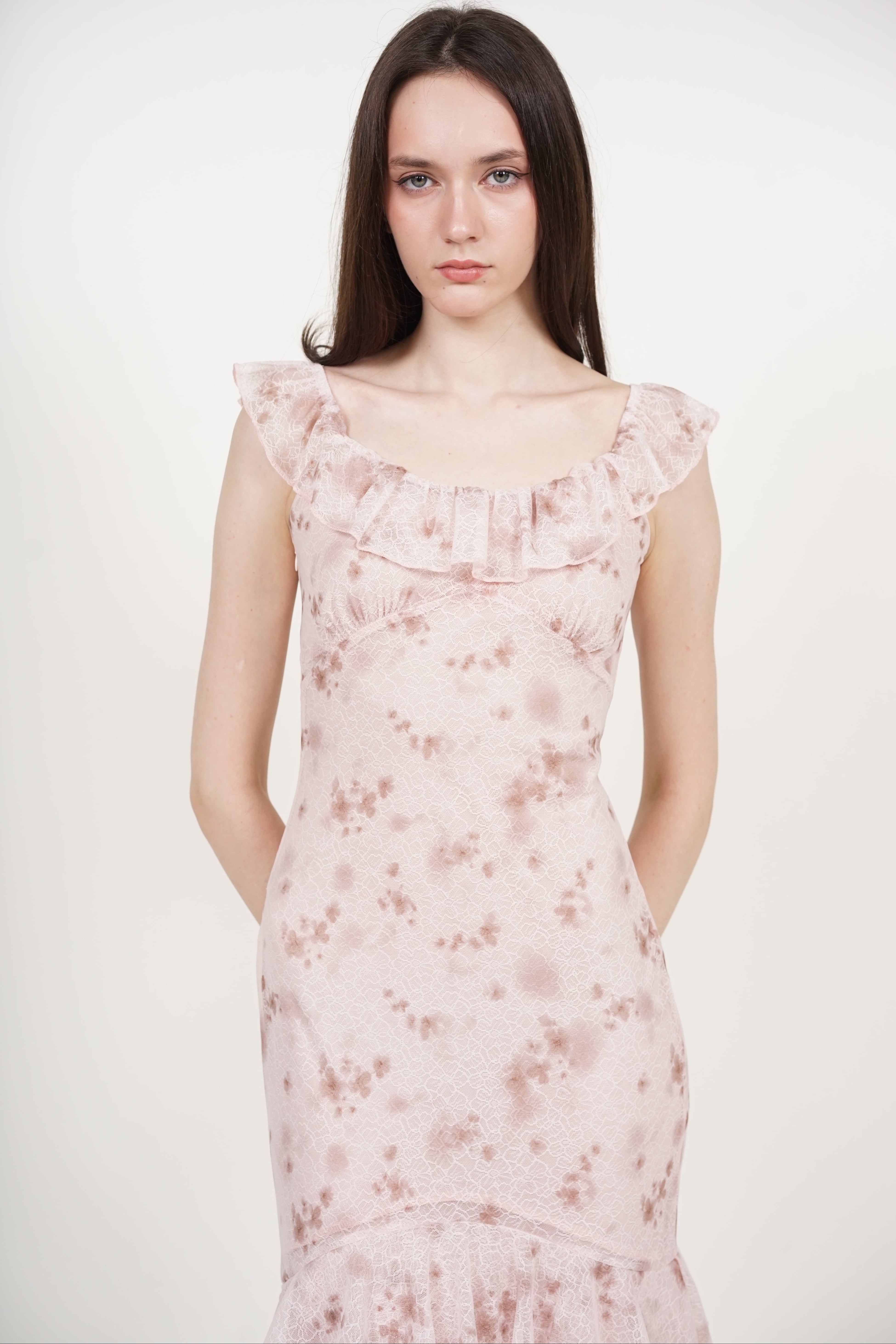 Ruffled Midi Dress in Nude Floral Lace
