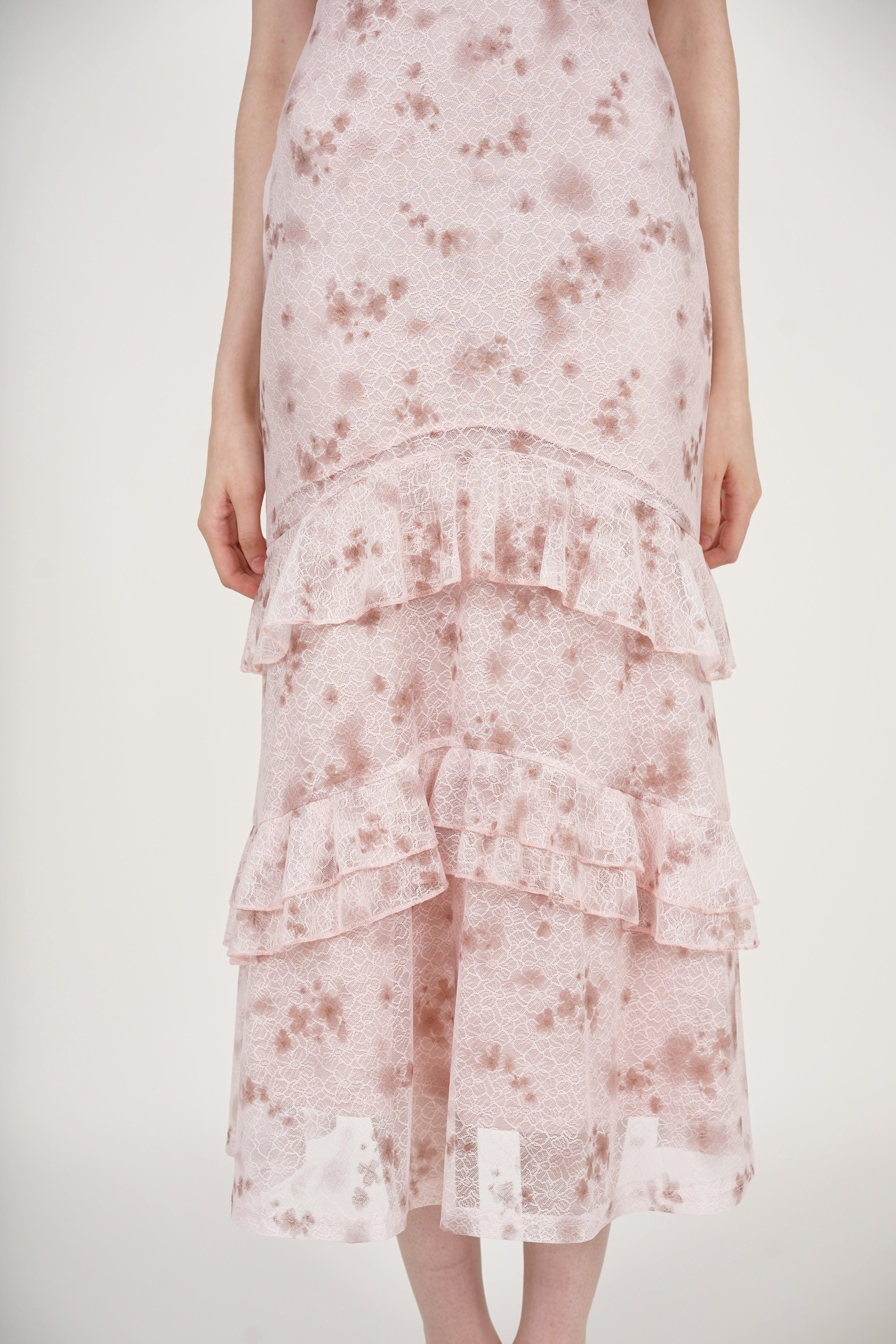 Ruffled Midi Dress in Nude Floral Lace