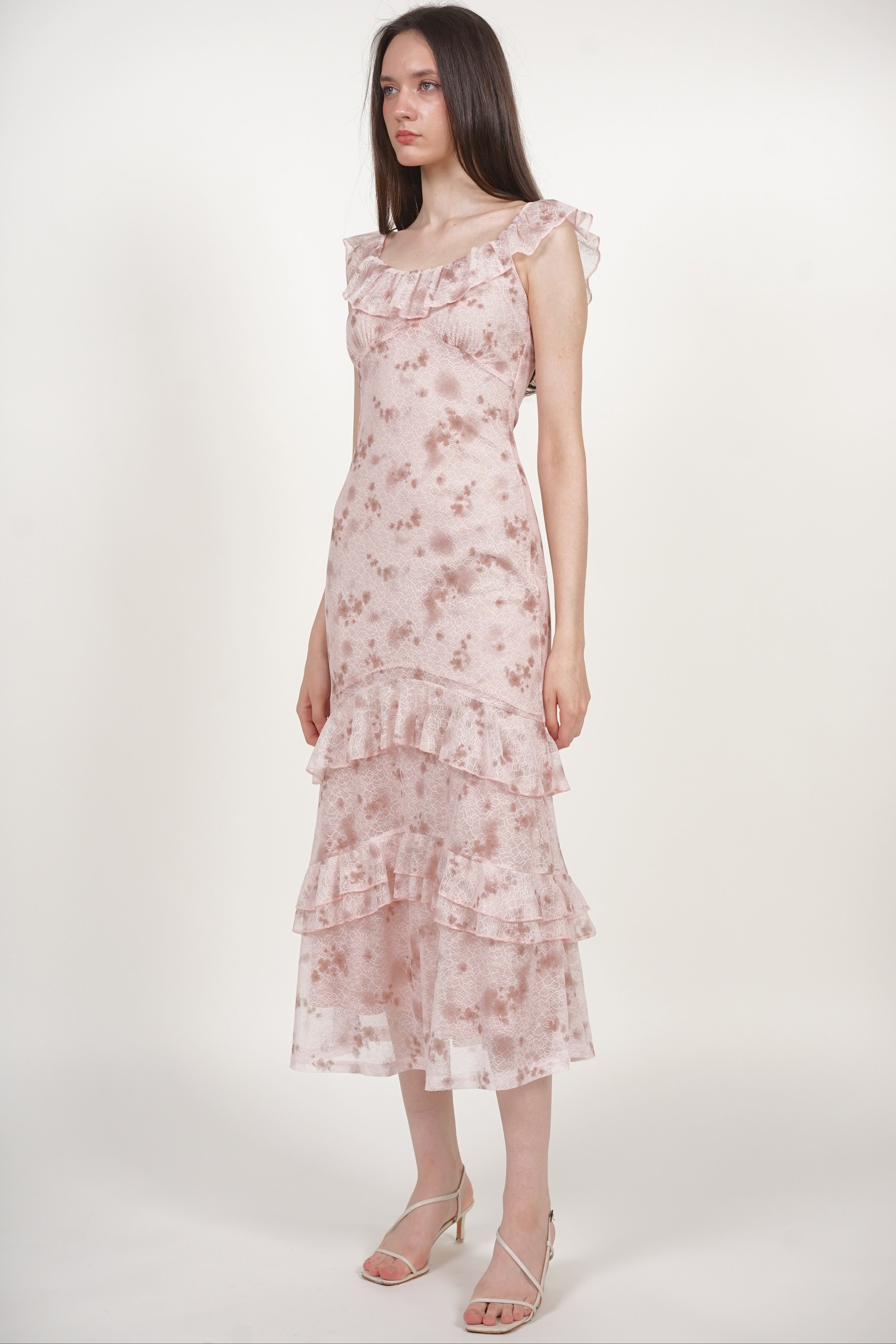 Ruffled Midi Dress in Nude Floral Lace