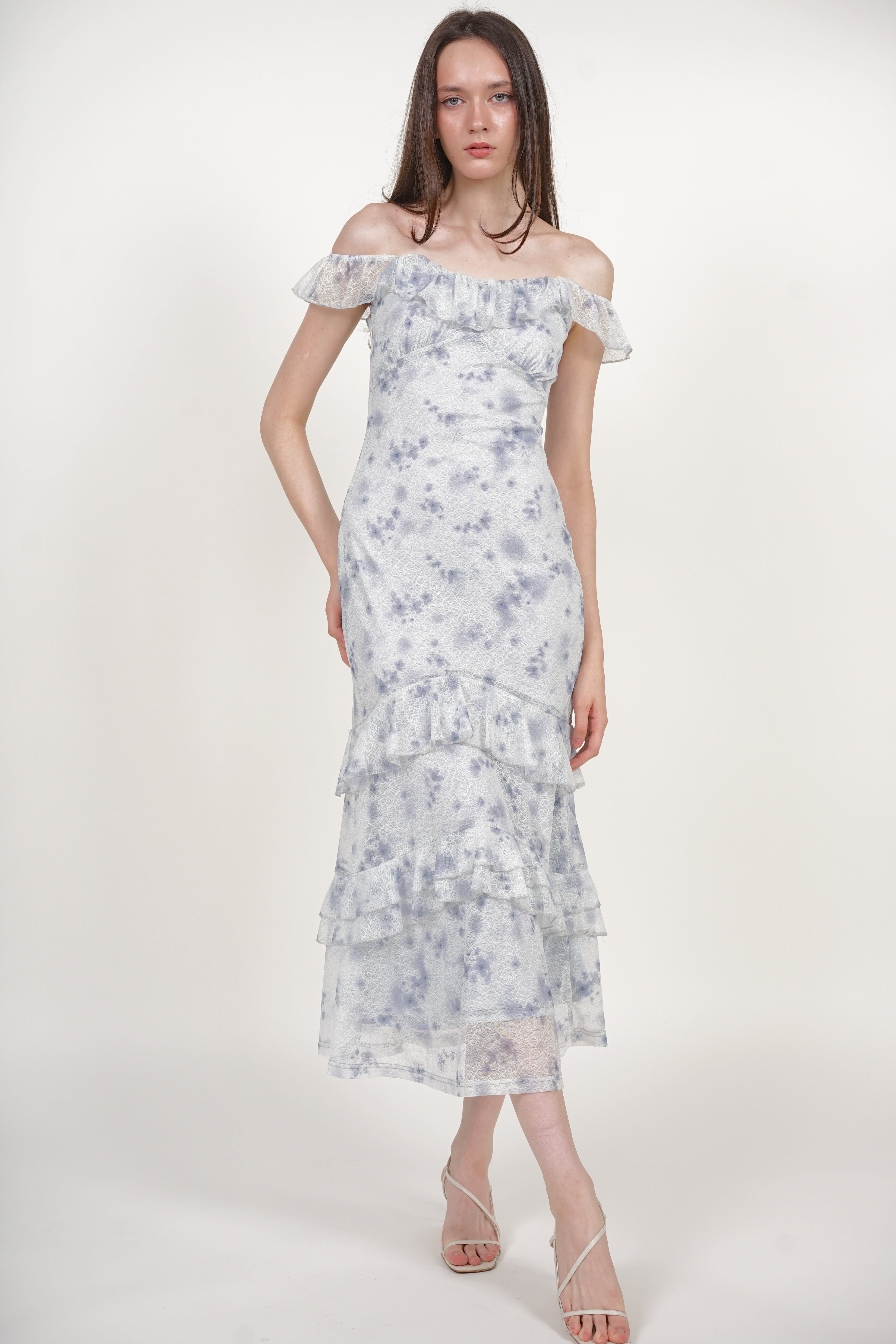 Ruffled Midi Dress in Blue Floral Lace
