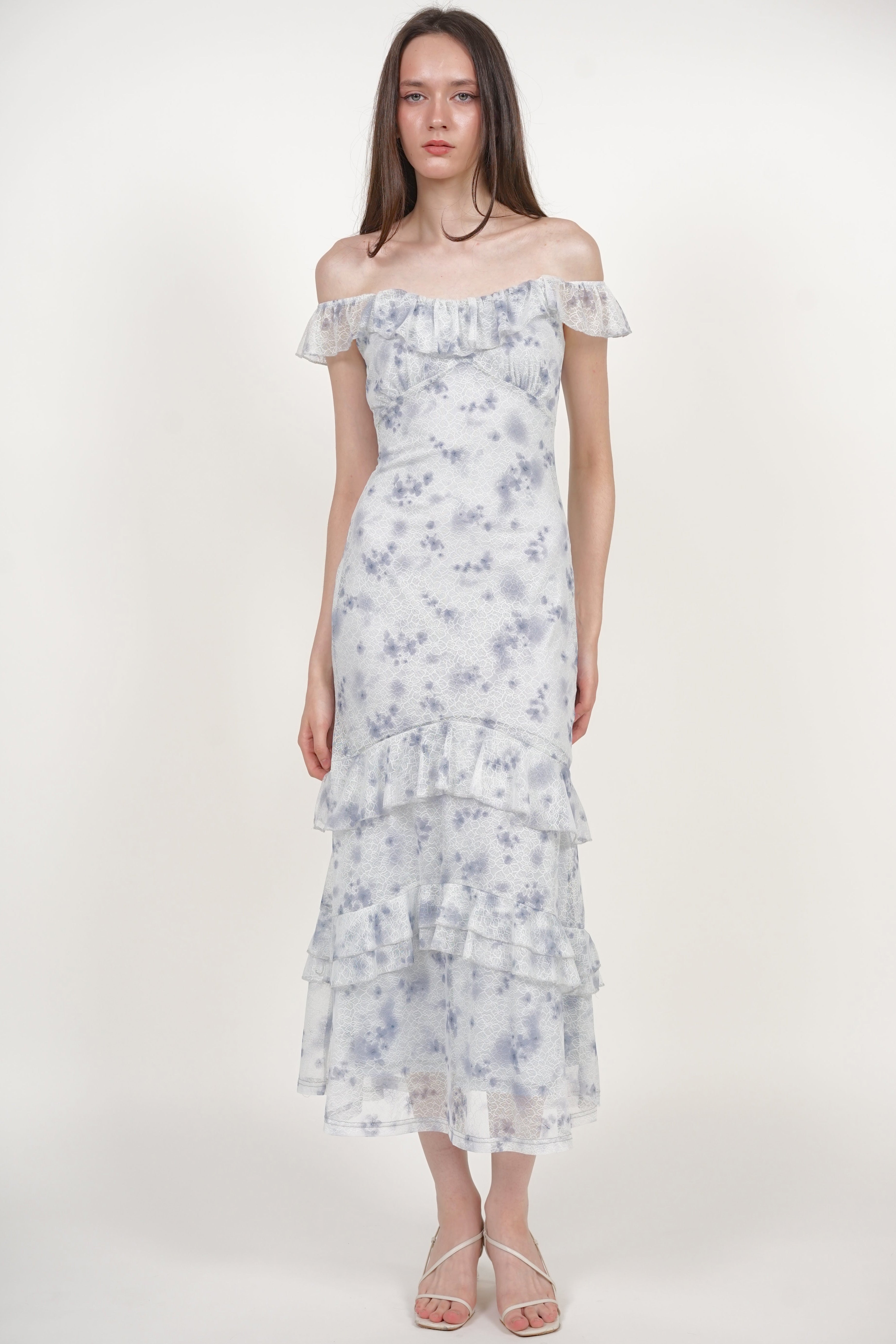 Ruffled Midi Dress in Blue Floral Lace