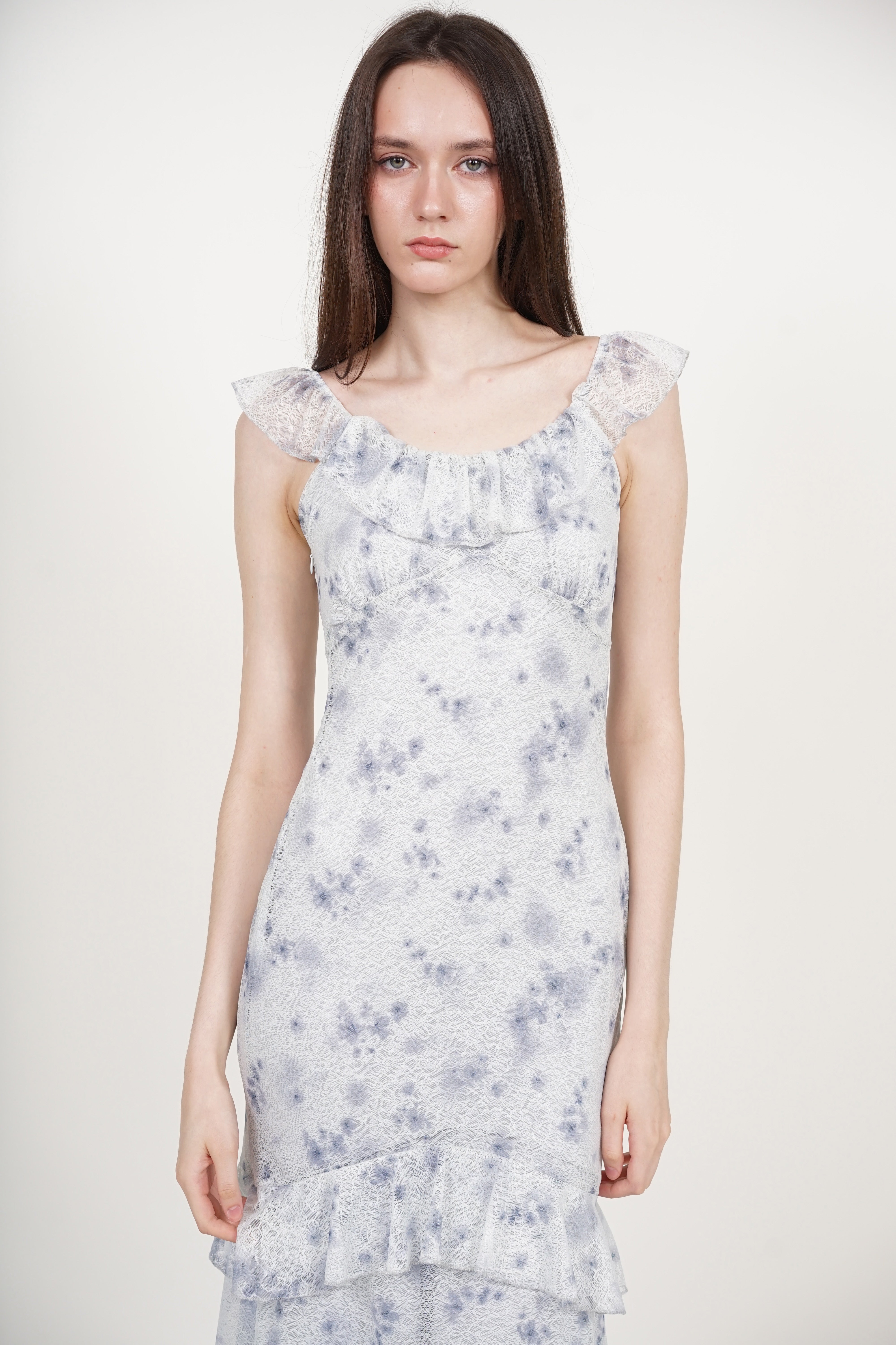 Ruffled Midi Dress in Blue Floral Lace