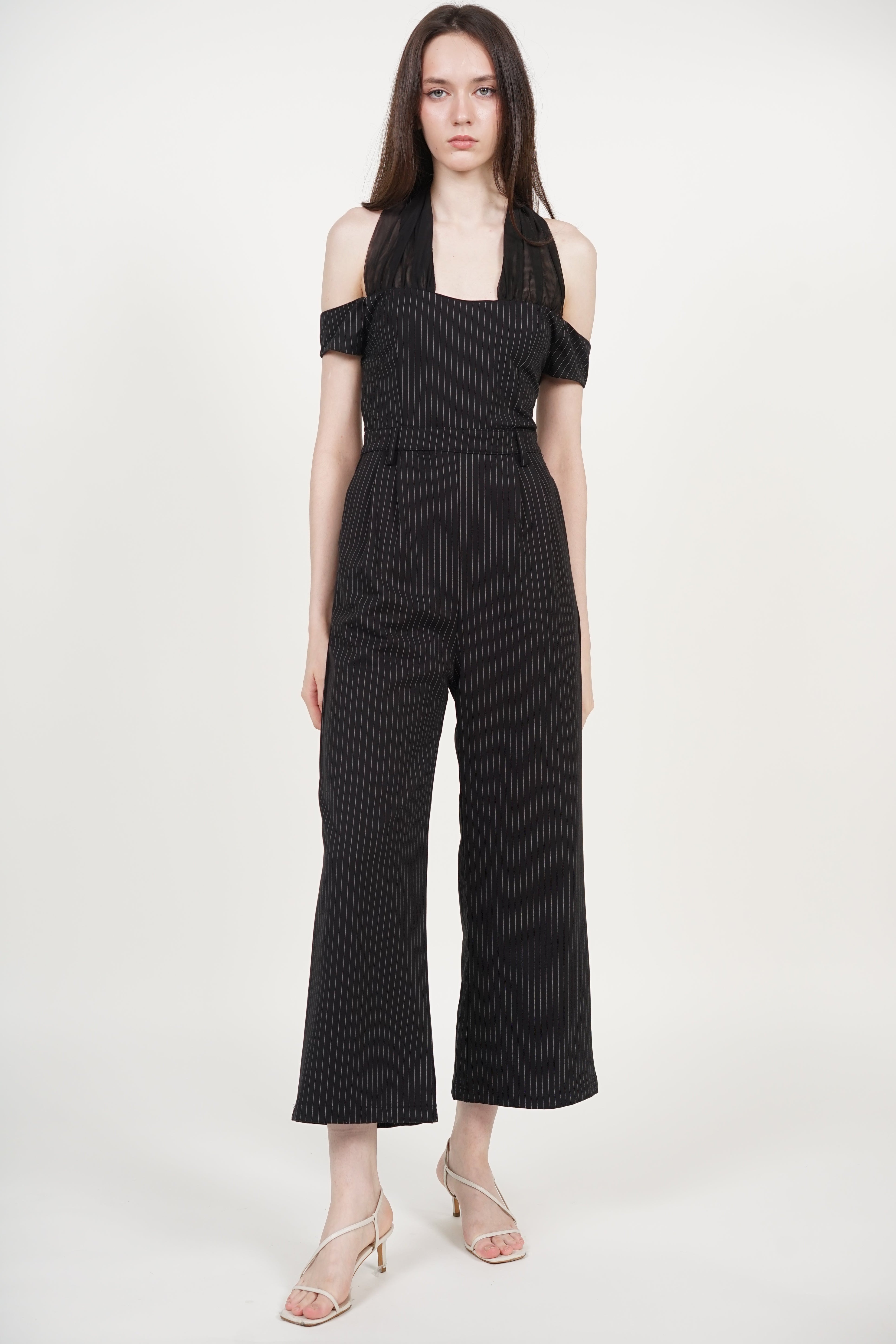Halter Mesh Jumpsuit in Black Stripes