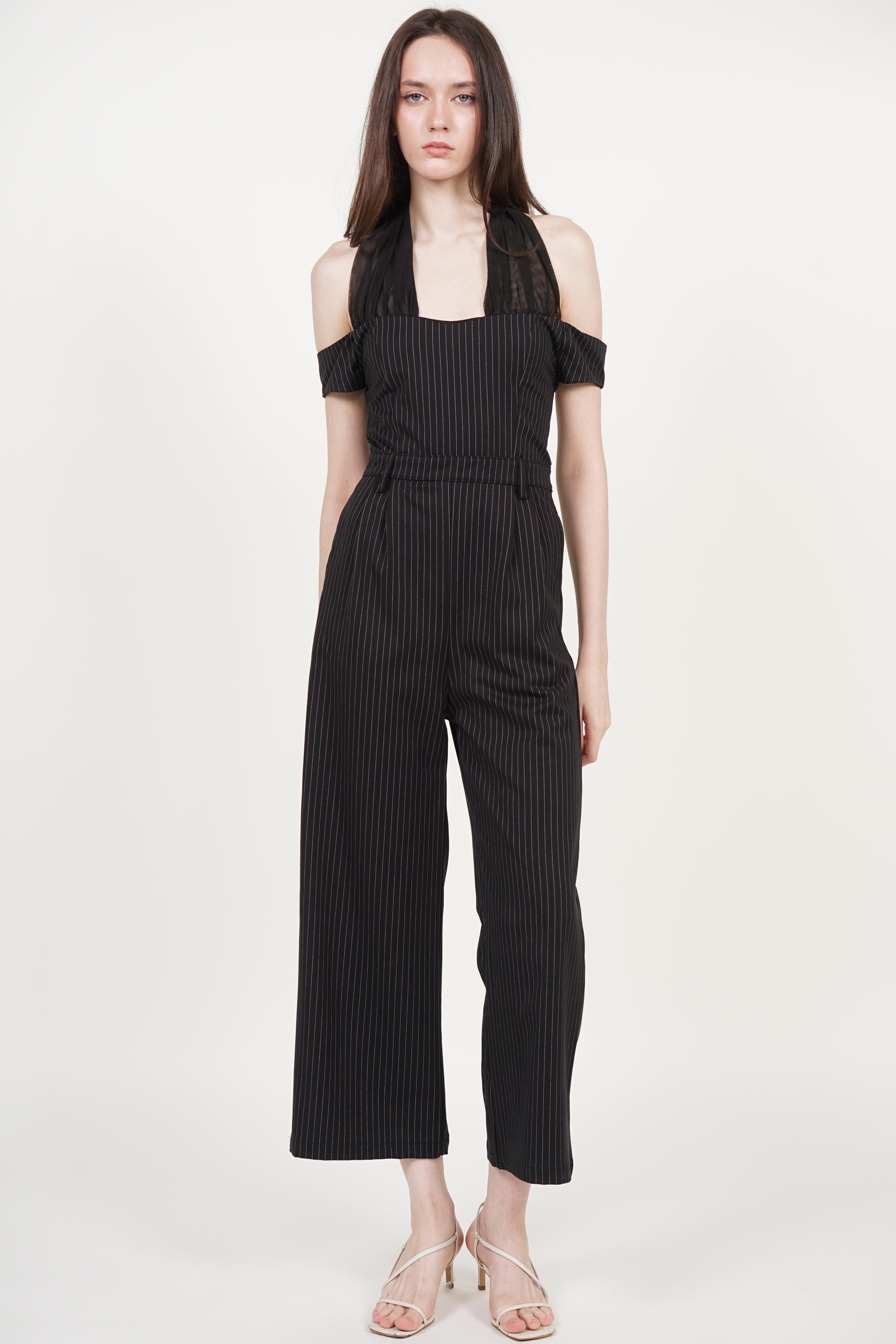 Halter Mesh Jumpsuit in Black Stripes