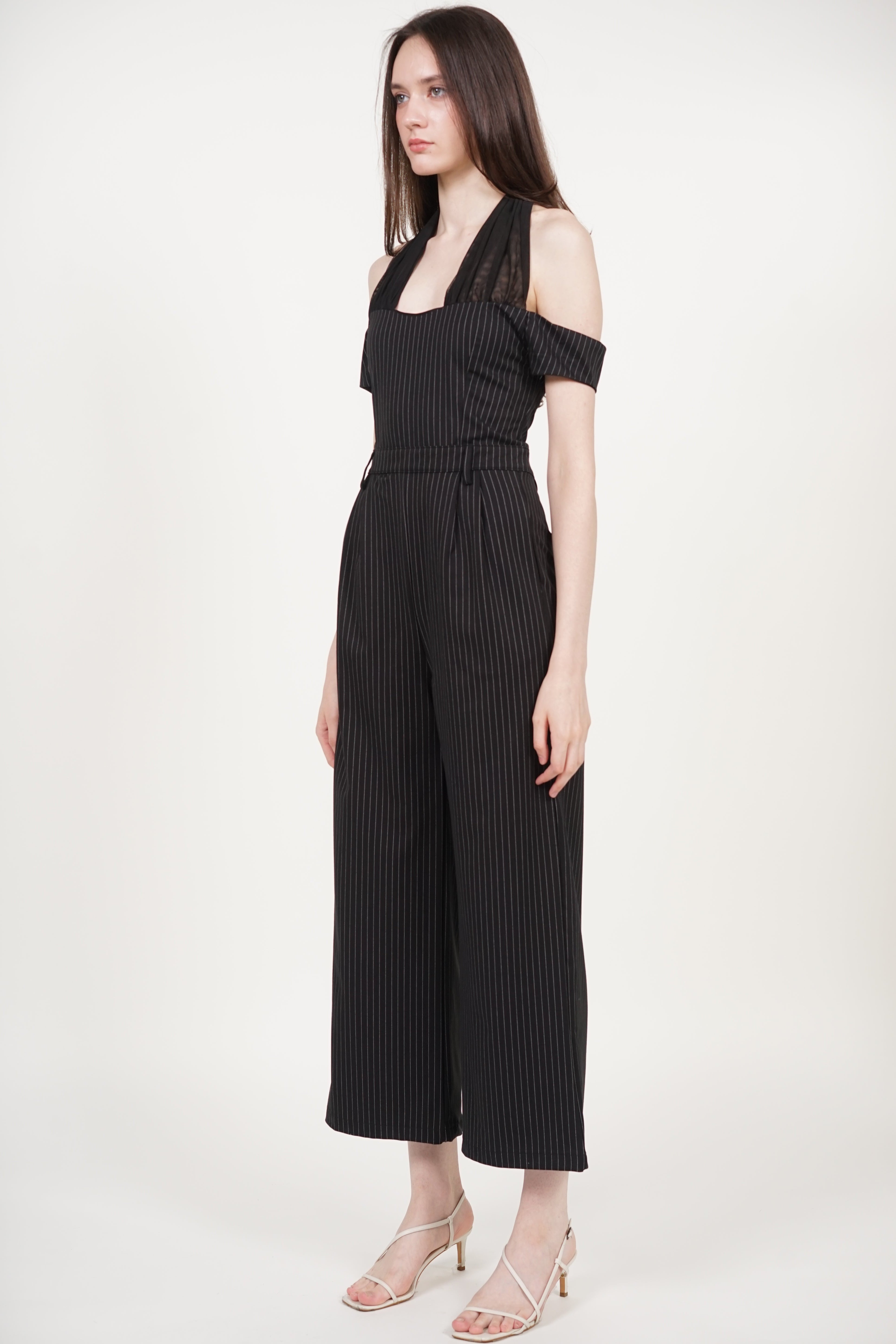 Halter Mesh Jumpsuit in Black Stripes