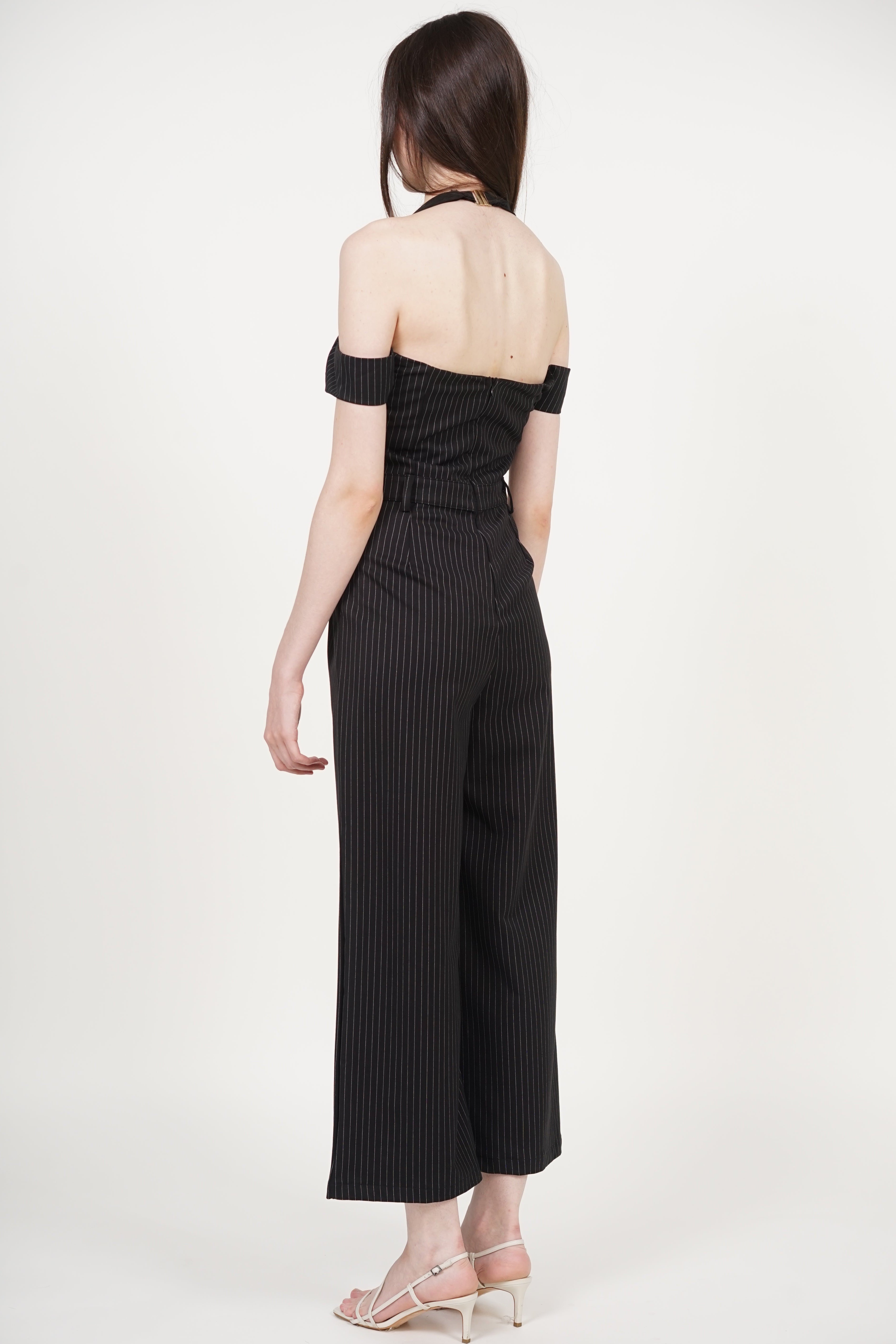 Halter Mesh Jumpsuit in Black Stripes