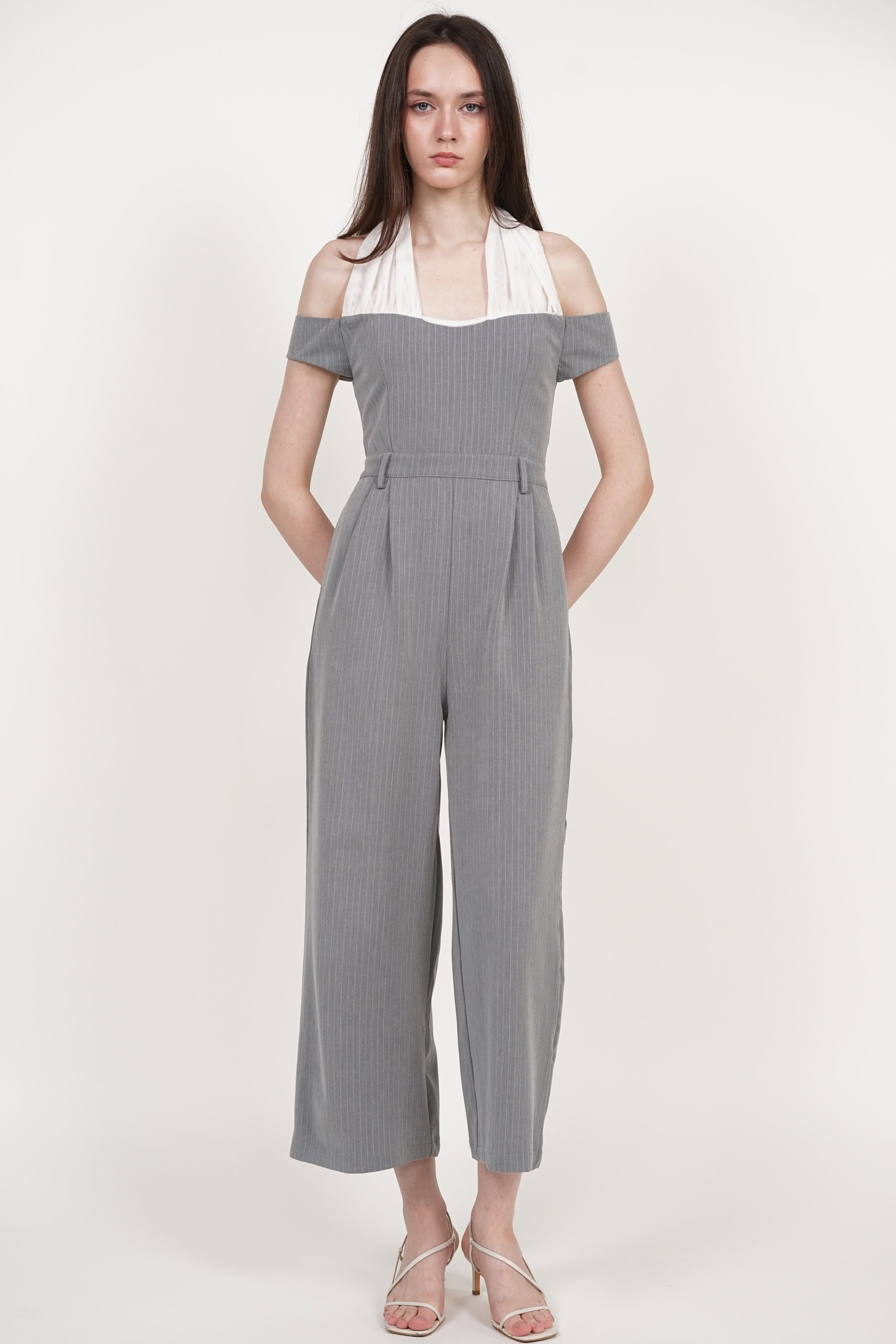 Halter Mesh Jumpsuit in Grey Stripes