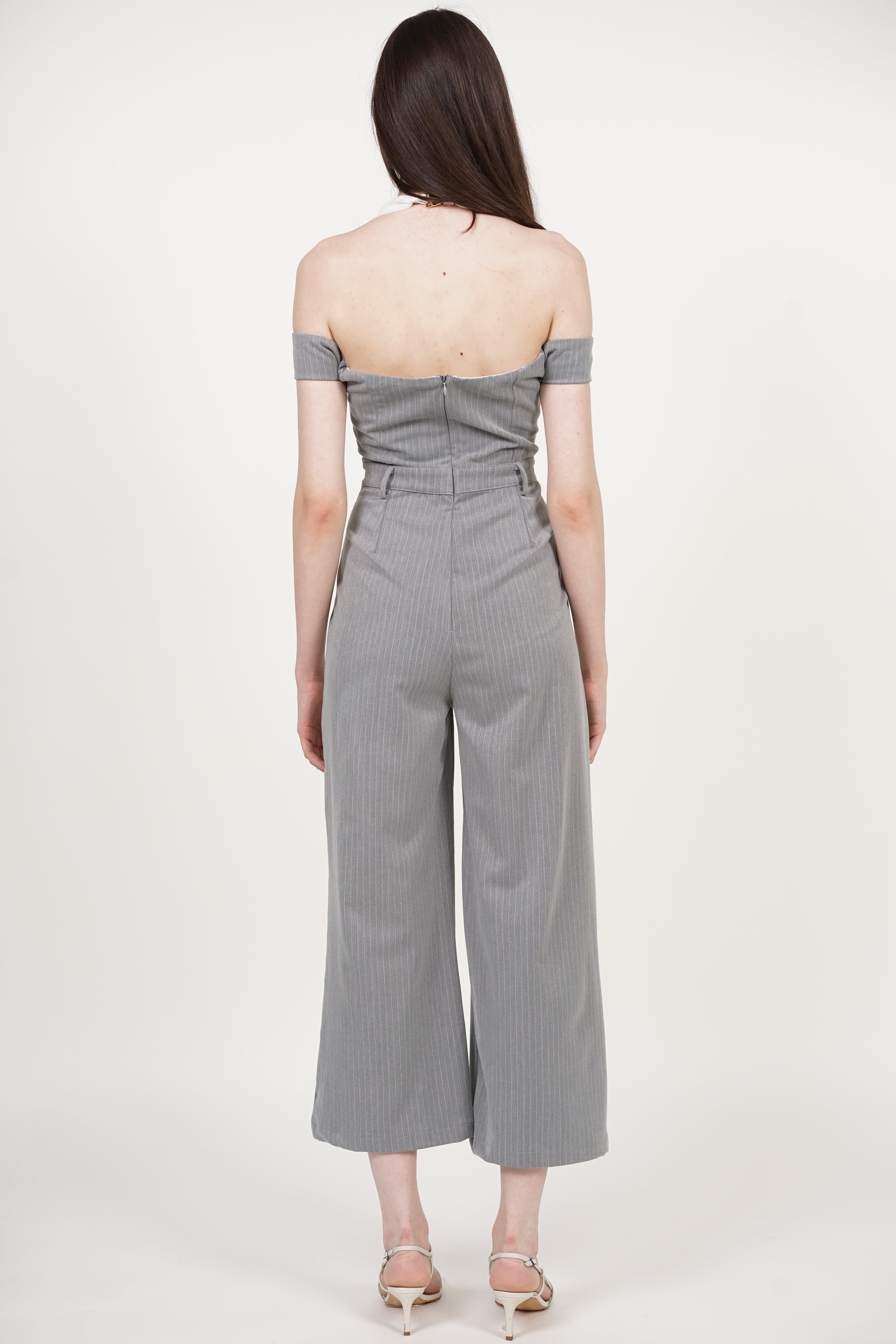 Halter Mesh Jumpsuit in Grey Stripes