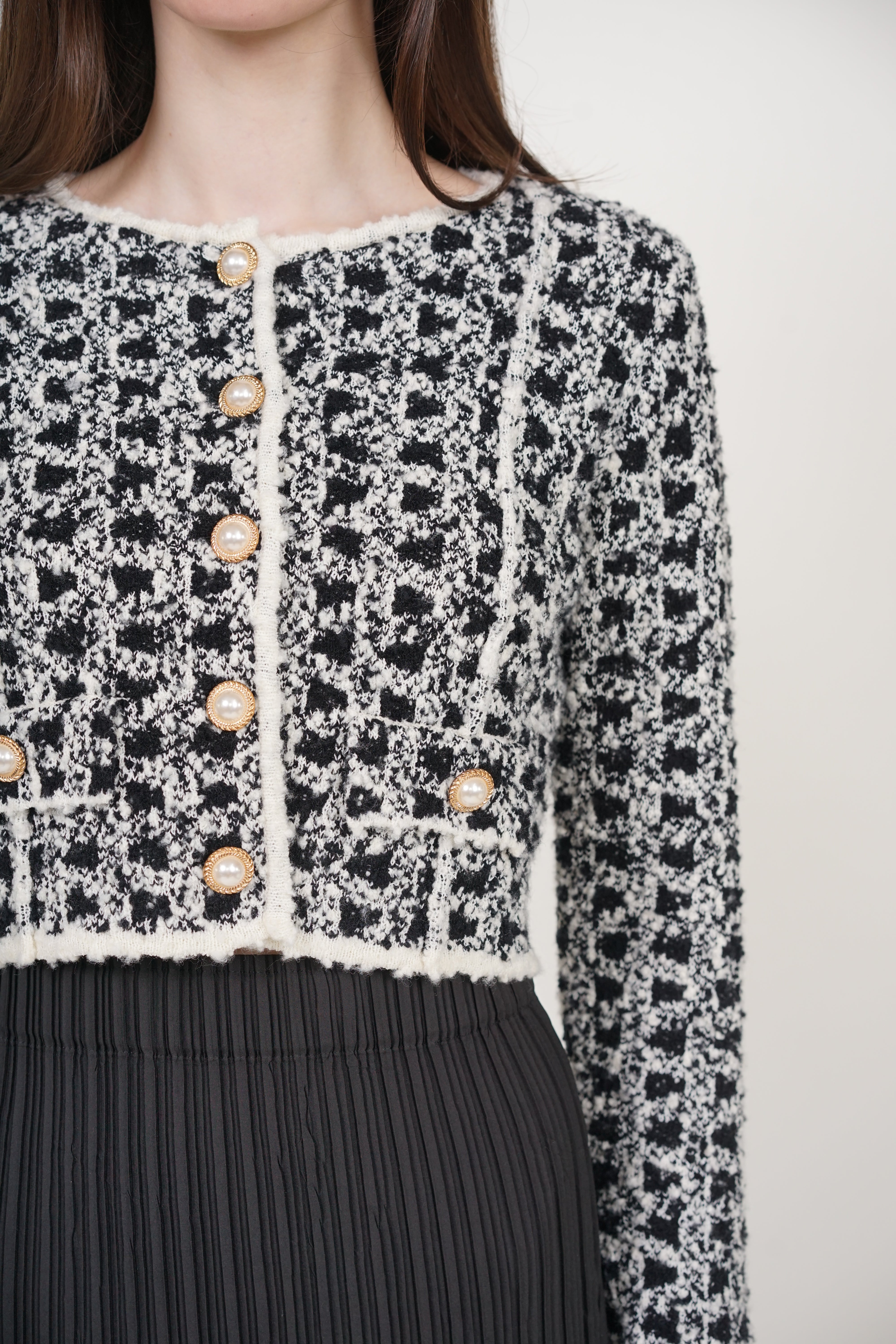 Pearl Button Knit Jacket in Black White
