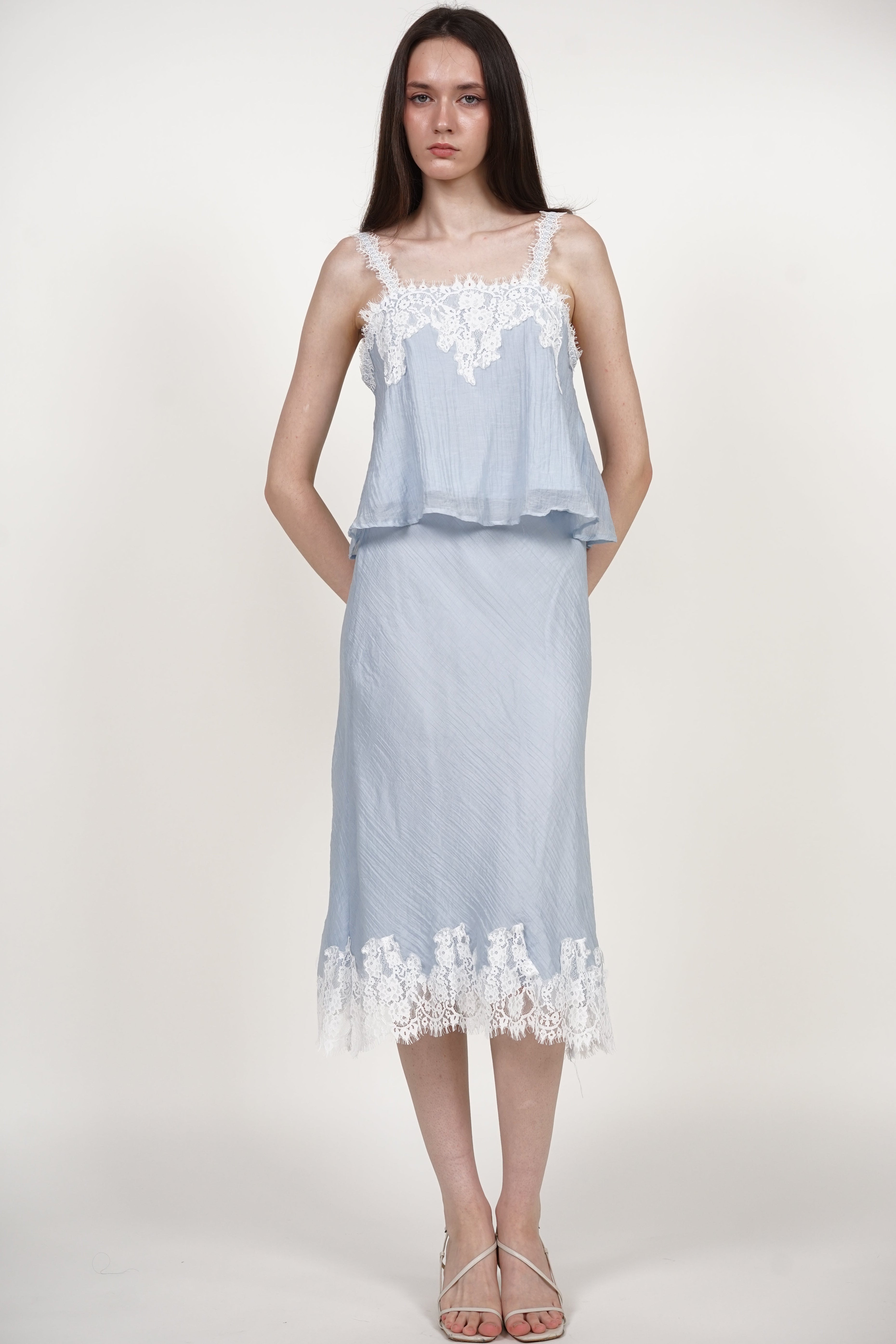 A-Line Lace Hem Skirt in Blue