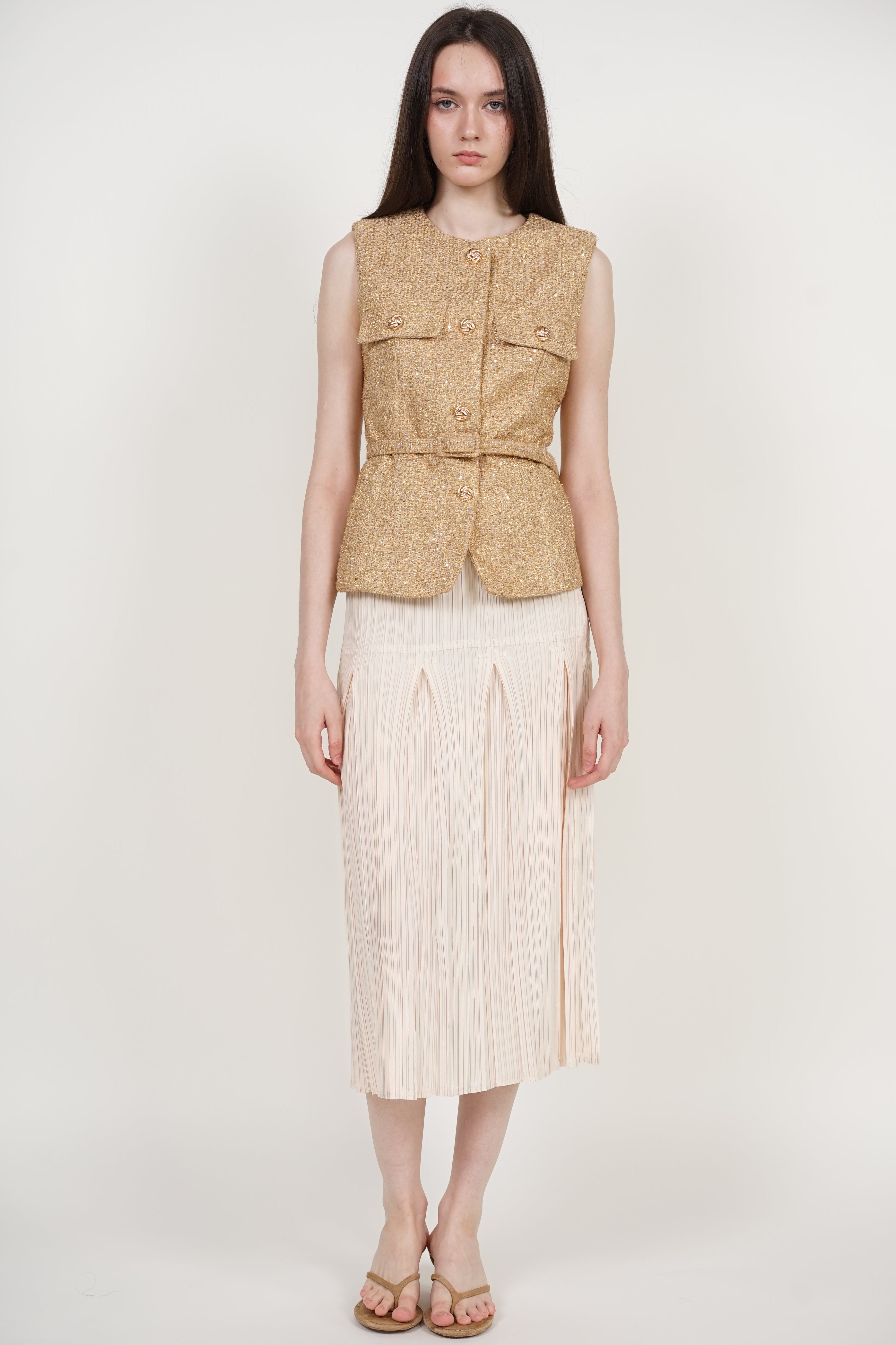 Godet Pleated Skirt in Ecru