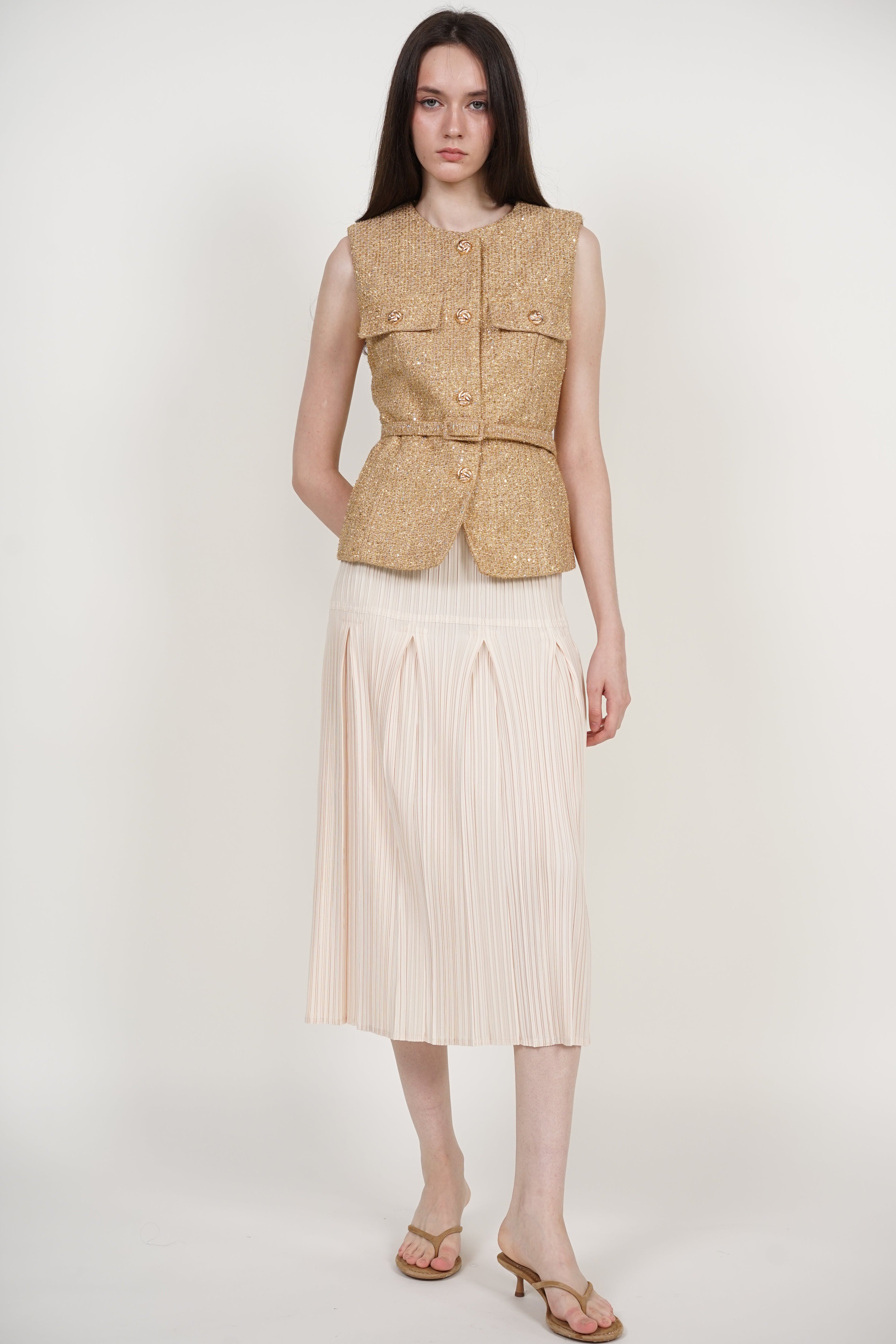 Tweed Belted Metallic Vest in Gold Yellow