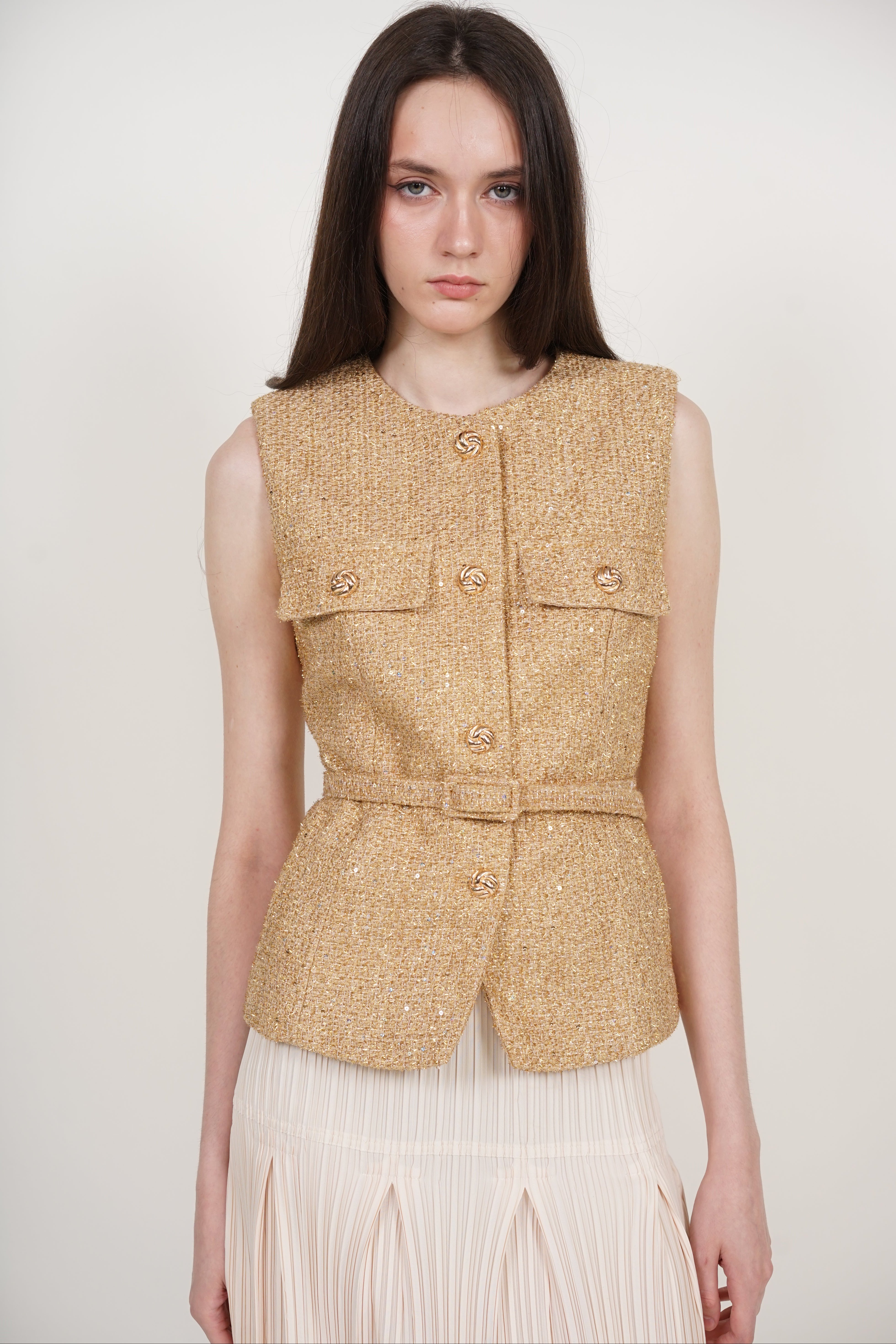 Tweed Belted Metallic Vest in Gold Yellow