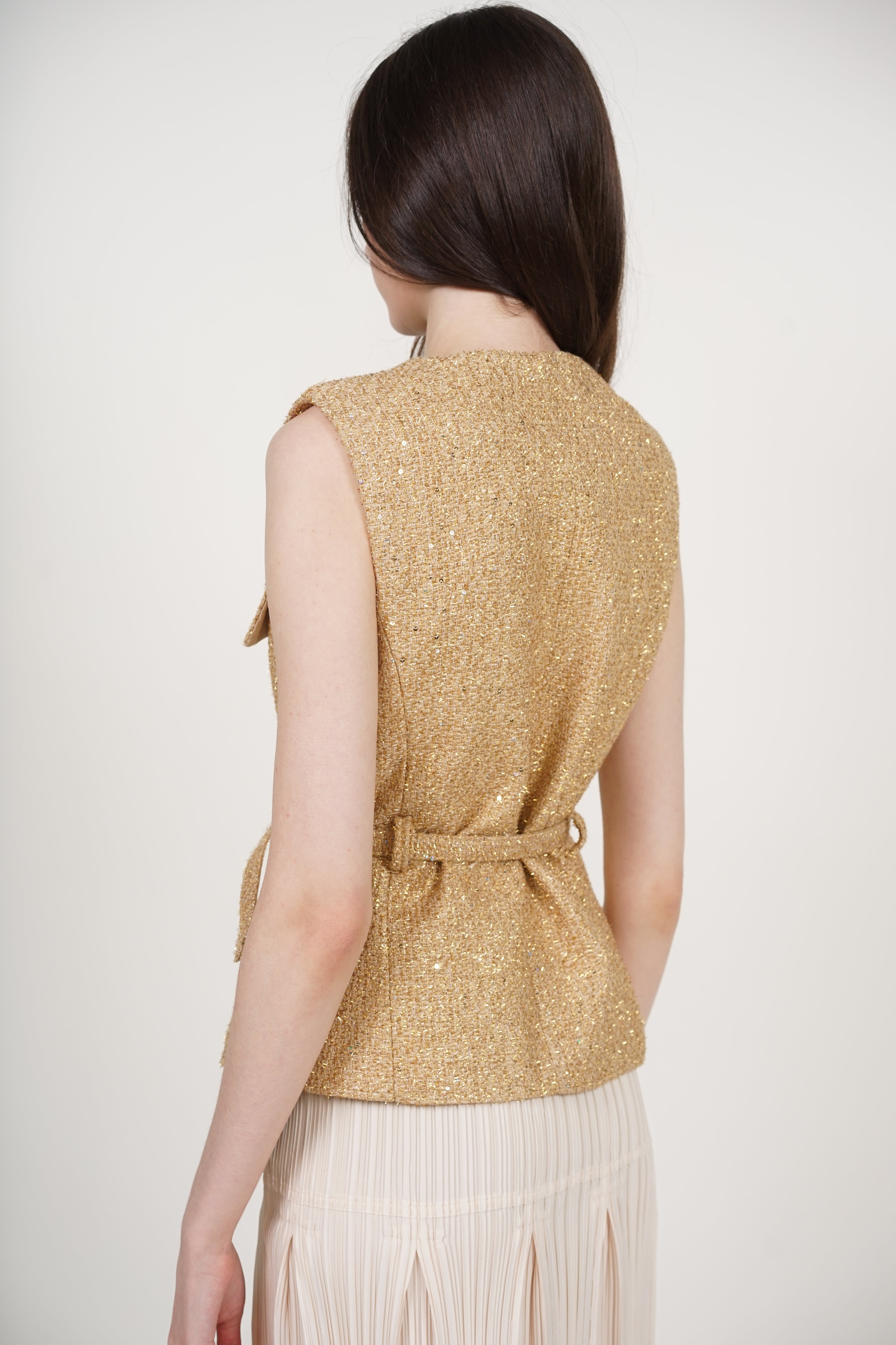 Tweed Belted Metallic Vest in Gold Yellow