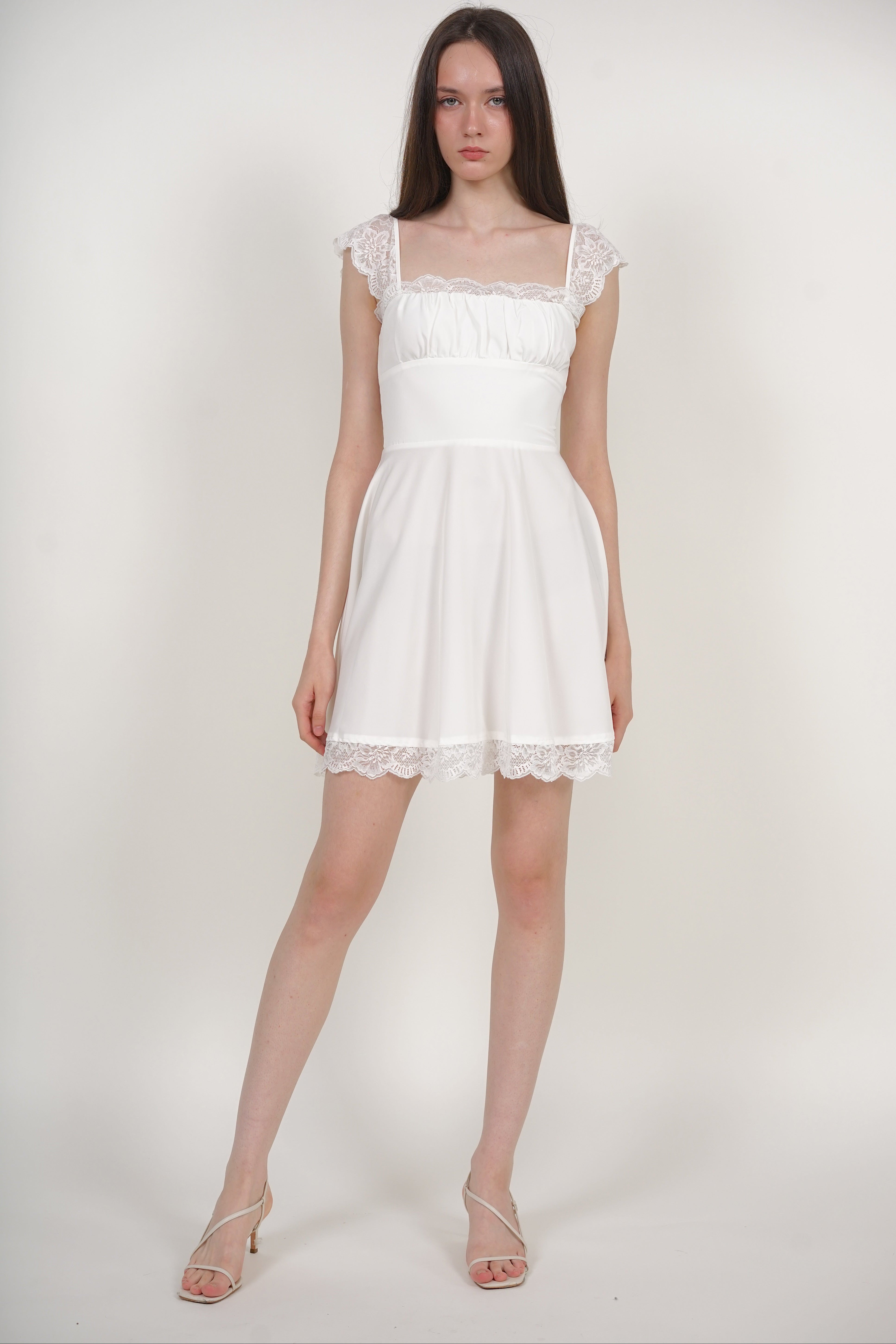 Ruched Flare Lace Mini Dress in White
